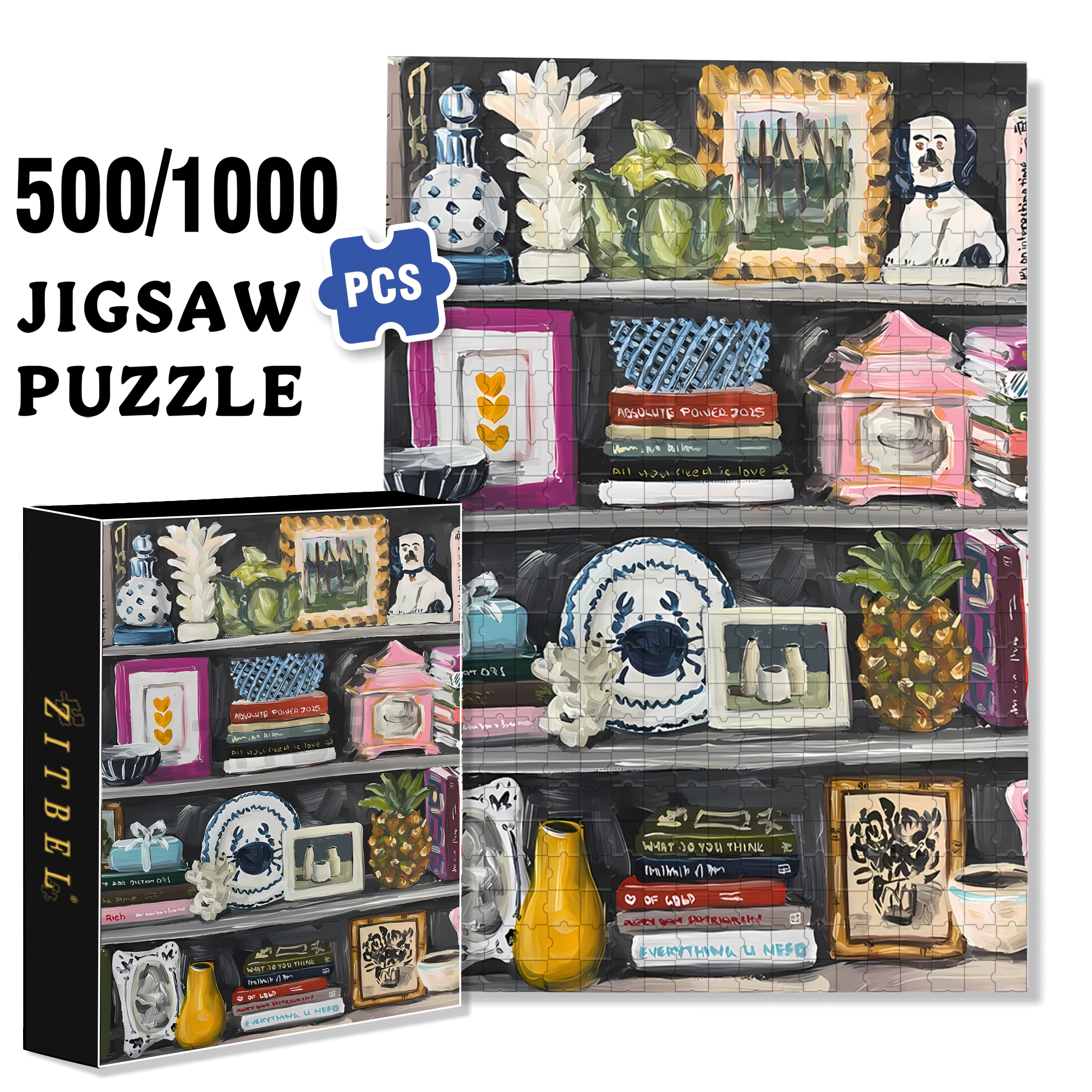 Small Items On The Bookshelf 500pcs/1000pcs Jigsaw Puzzle, Scratch-Resistant, Interactive Family Game & Brain-Boosting DIY Decor, Perfect for Halloween, Christmas & New Year Gifts, Family Puzzle Game