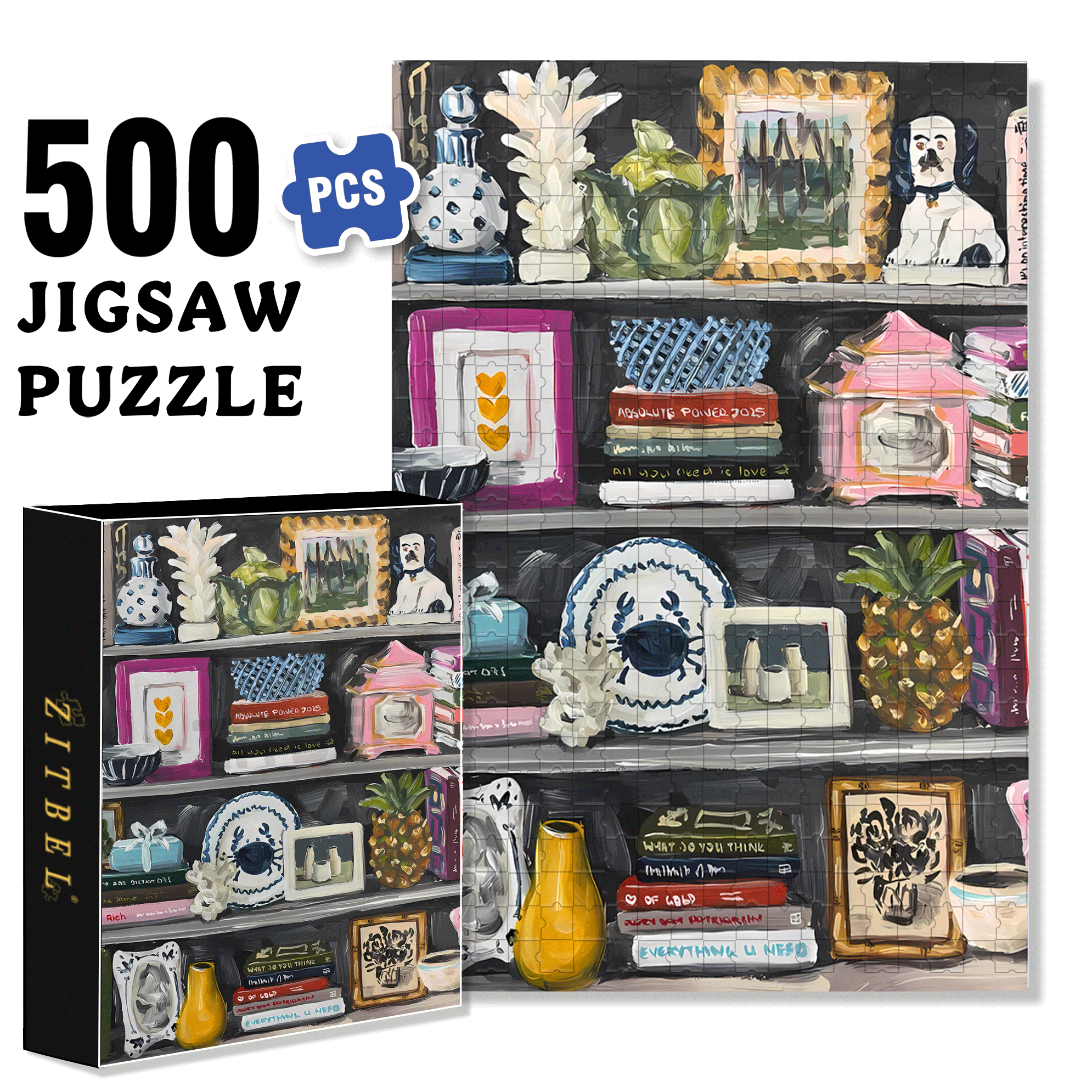 Small Items On The Bookshelf 500pcs/1000pcs Jigsaw Puzzle, Scratch-Resistant, Interactive Family Game & Brain-Boosting DIY Decor, Perfect for Halloween, Christmas & New Year Gifts, Family Puzzle Game