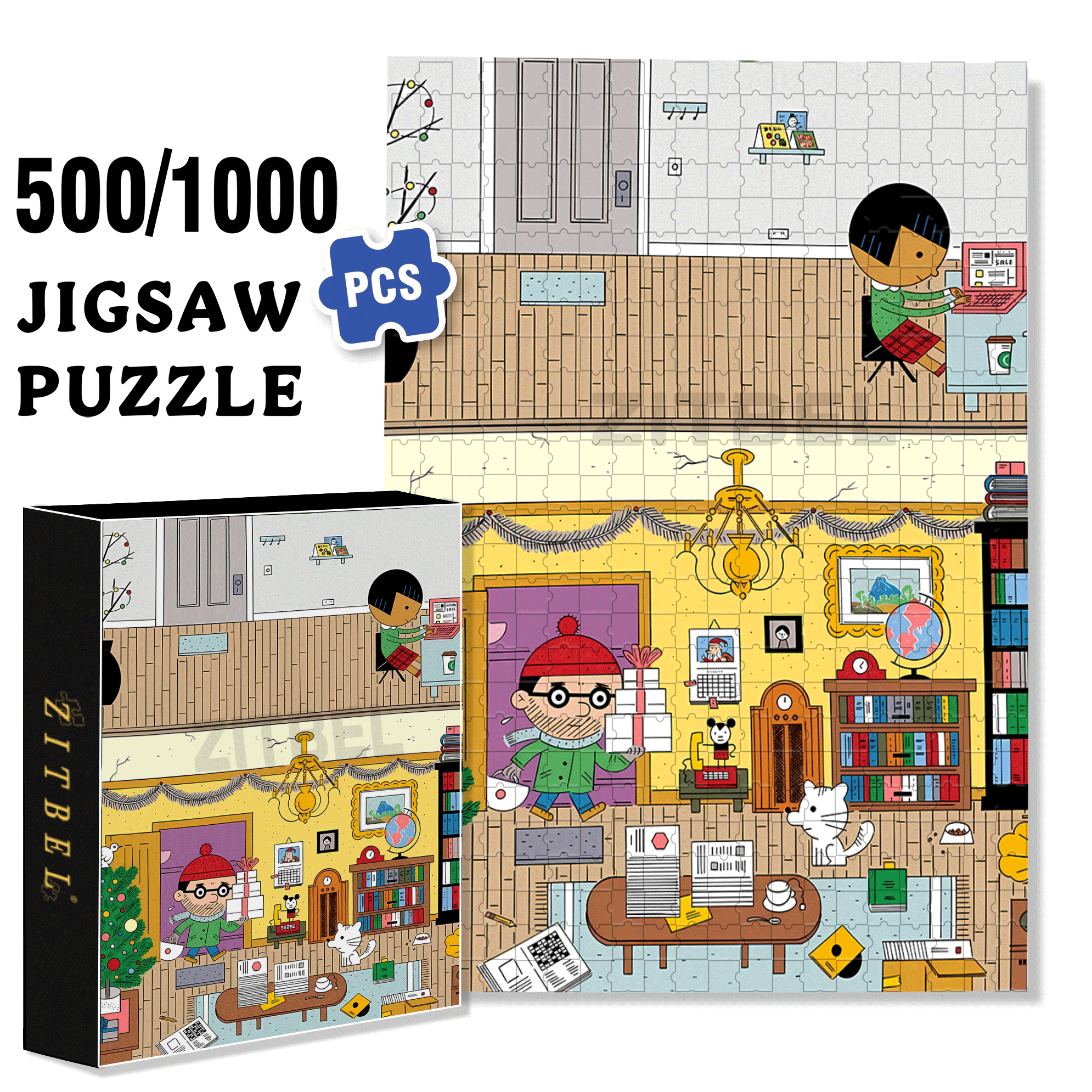 Upstairs And Downstairs 500pcs/1000pcs Jigsaw Puzzle, Scratch-Resistant, Interactive Family Game & Brain-Boosting DIY Decor, Perfect for Halloween, Christmas & New Year Gifts, Family Puzzle Game