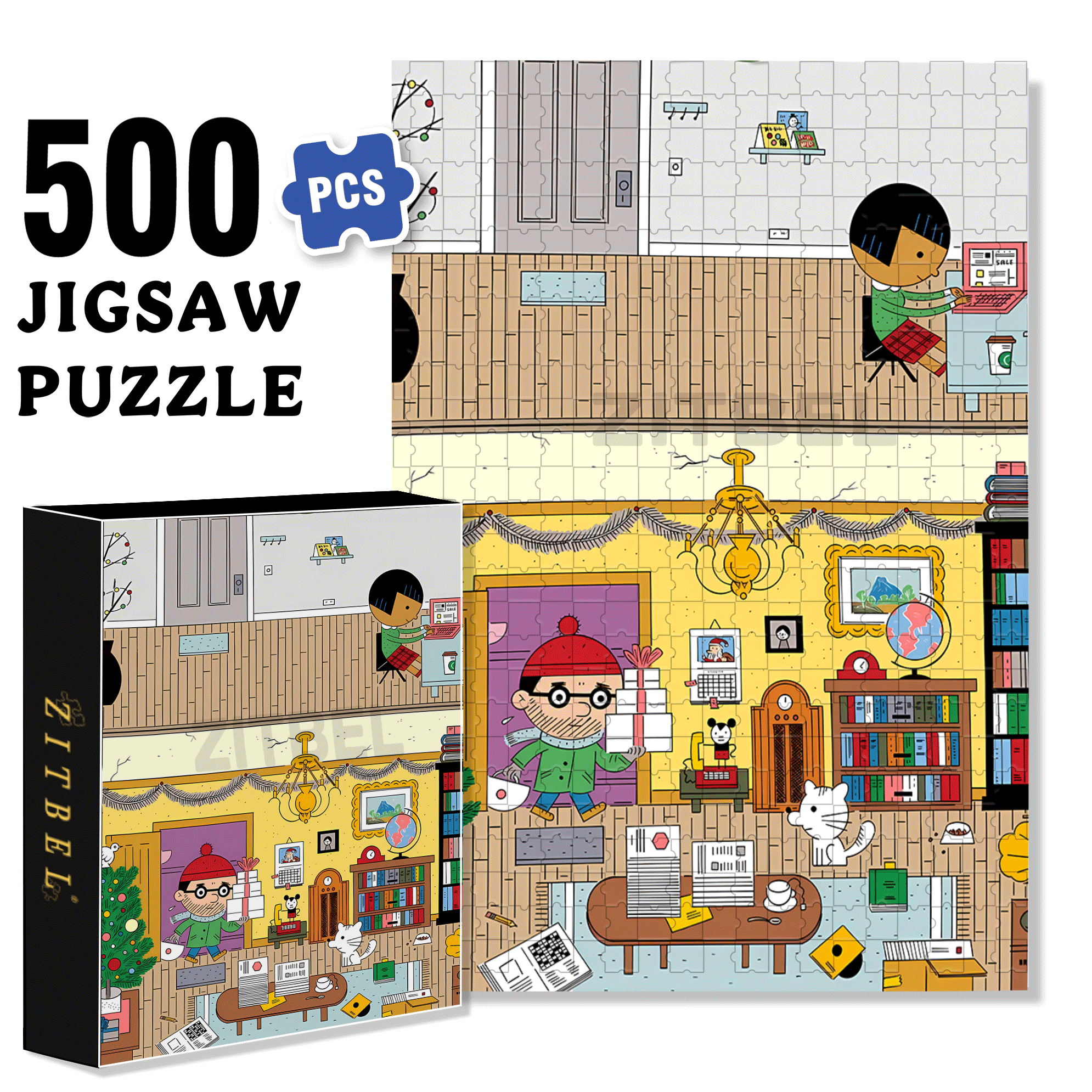 Upstairs And Downstairs 500pcs/1000pcs Jigsaw Puzzle, Scratch-Resistant, Interactive Family Game & Brain-Boosting DIY Decor, Perfect for Halloween, Christmas & New Year Gifts, Family Puzzle Game