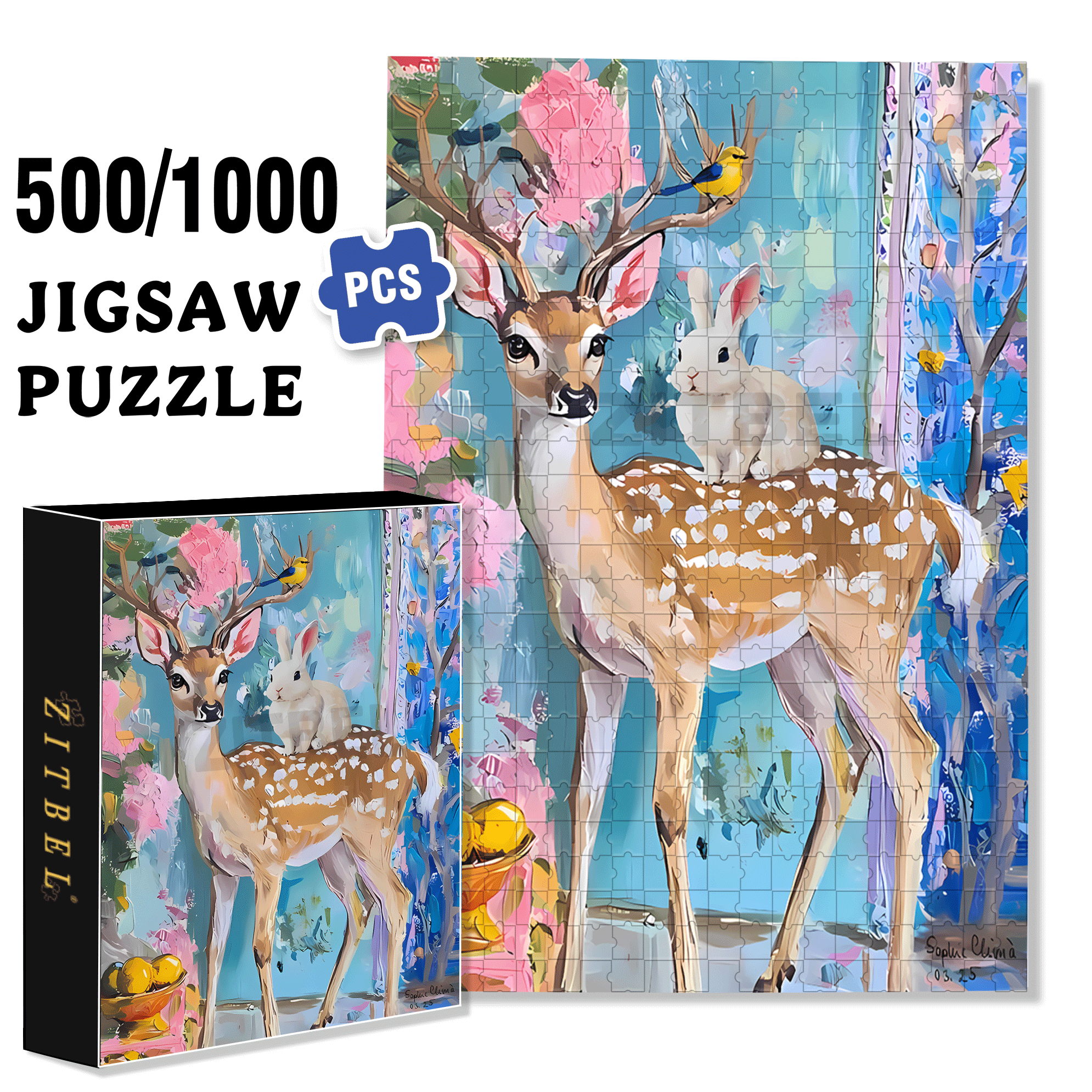 Deer And Bunny 500pcs/1000pcs Jigsaw Puzzle, Scratch-Resistant, Interactive Family Game & Brain-Boosting DIY Decor, Perfect for Halloween, Christmas & New Year Gifts, Family Puzzle Game