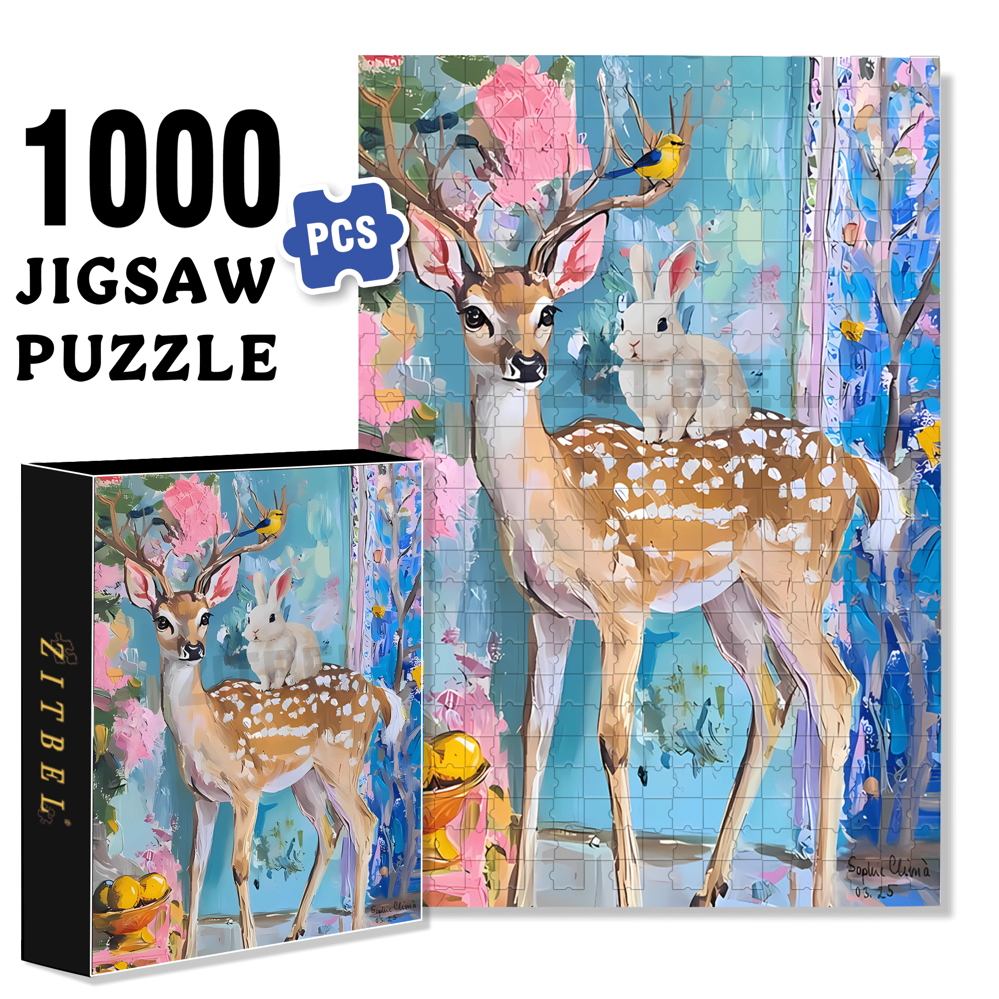 Deer And Bunny 500pcs/1000pcs Jigsaw Puzzle, Scratch-Resistant, Interactive Family Game & Brain-Boosting DIY Decor, Perfect for Halloween, Christmas & New Year Gifts, Family Puzzle Game