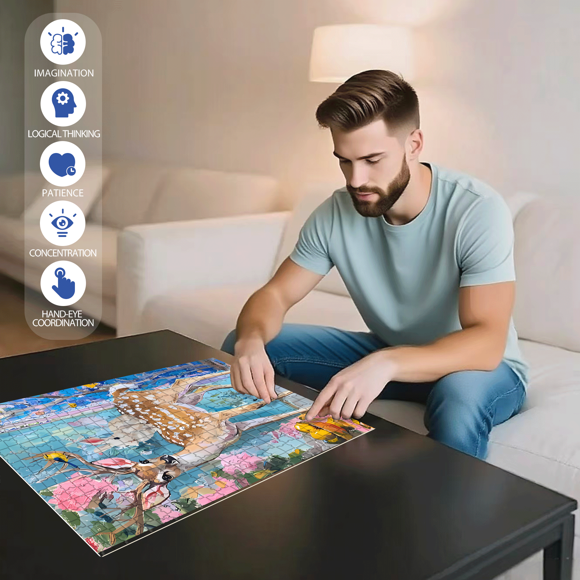 Deer And Bunny 500pcs/1000pcs Jigsaw Puzzle, Scratch-Resistant, Interactive Family Game & Brain-Boosting DIY Decor, Perfect for Halloween, Christmas & New Year Gifts, Family Puzzle Game
