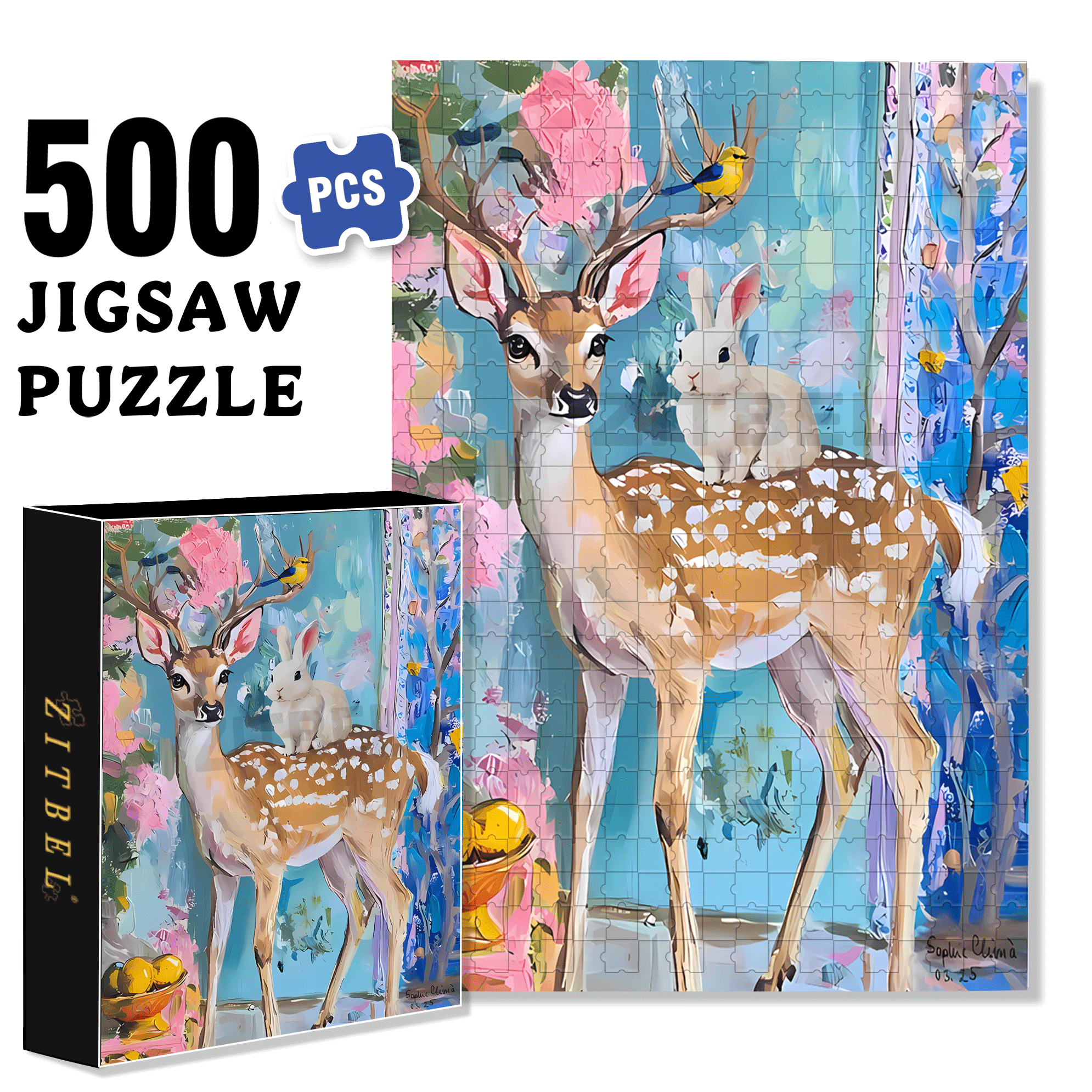 Deer And Bunny 500pcs/1000pcs Jigsaw Puzzle, Scratch-Resistant, Interactive Family Game & Brain-Boosting DIY Decor, Perfect for Halloween, Christmas & New Year Gifts, Family Puzzle Game