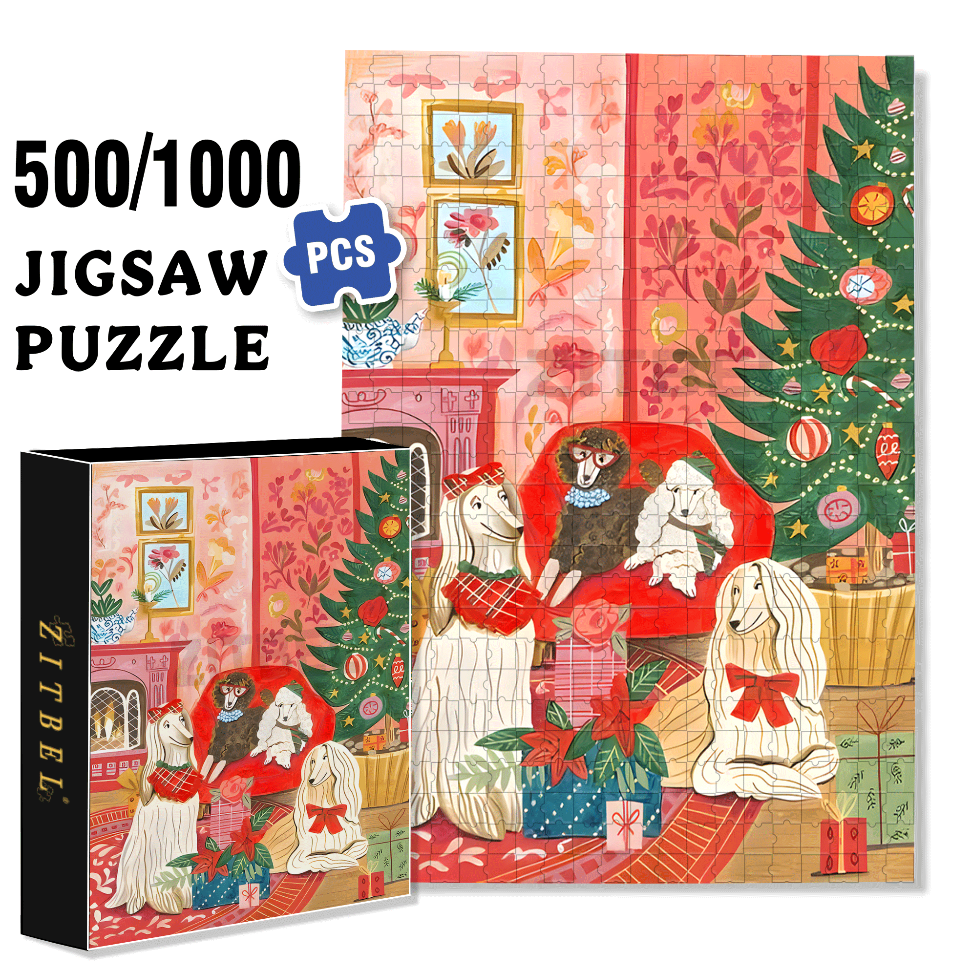 Dogs in Cosy Living Room 500pcs/1000pcs Jigsaw Puzzle, Scratch-Resistant, Interactive Family Game & Brain-Boosting DIY Decor, Perfect for Halloween, Christmas & New Year Gifts, Family Puzzle Game