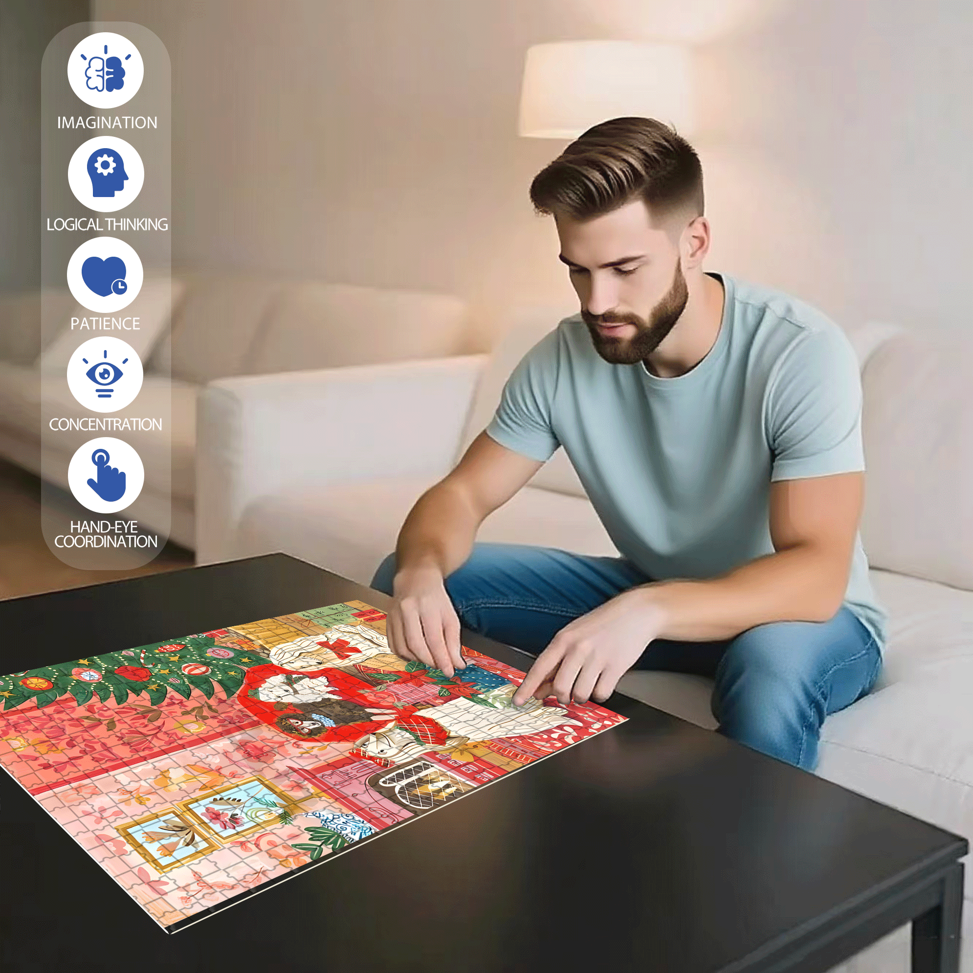 Dogs in Cosy Living Room 500pcs/1000pcs Jigsaw Puzzle, Scratch-Resistant, Interactive Family Game & Brain-Boosting DIY Decor, Perfect for Halloween, Christmas & New Year Gifts, Family Puzzle Game