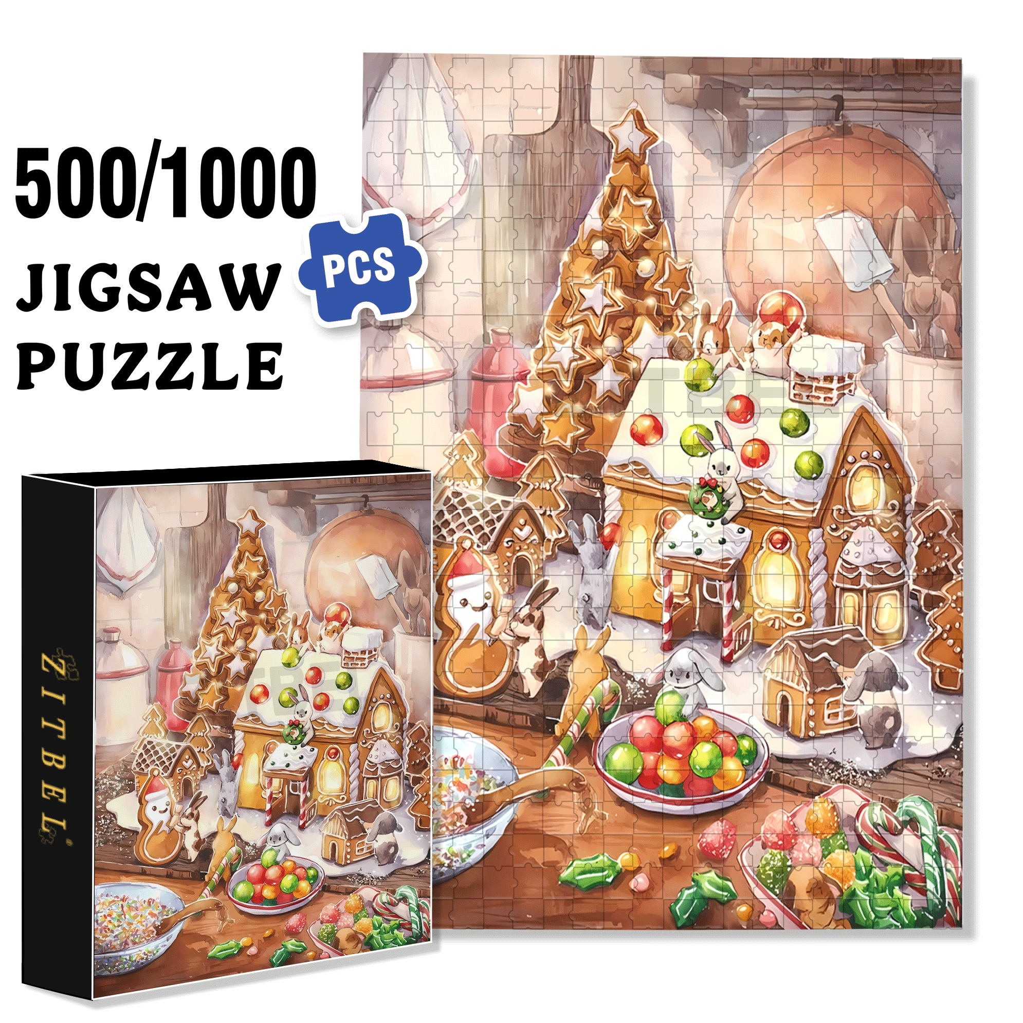 Gingerbread House Under Construction 500pcs/1000pcs Jigsaw Puzzle, Scratch-Resistant, Interactive Family Game & Brain-Boosting DIY Decor, Perfect for Halloween, Christmas & New Year Gifts, Family Puzzle Game