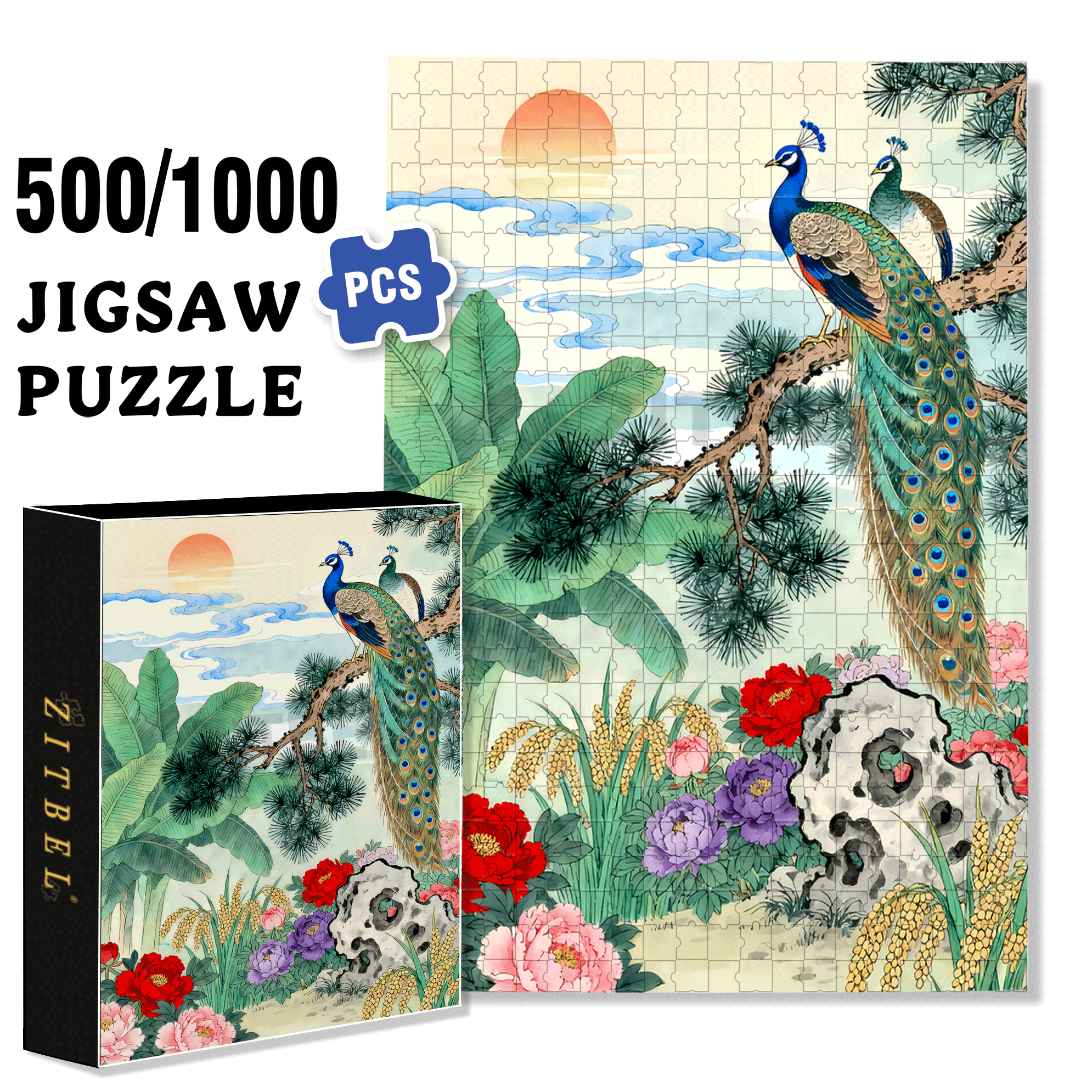 Peacock Perched On A Branch 500pcs/1000pcs Jigsaw Puzzle, Scratch-Resistant, Interactive Family Game & Brain-Boosting DIY Decor, Perfect for Halloween, Christmas & New Year Gifts, Family Puzzle Game