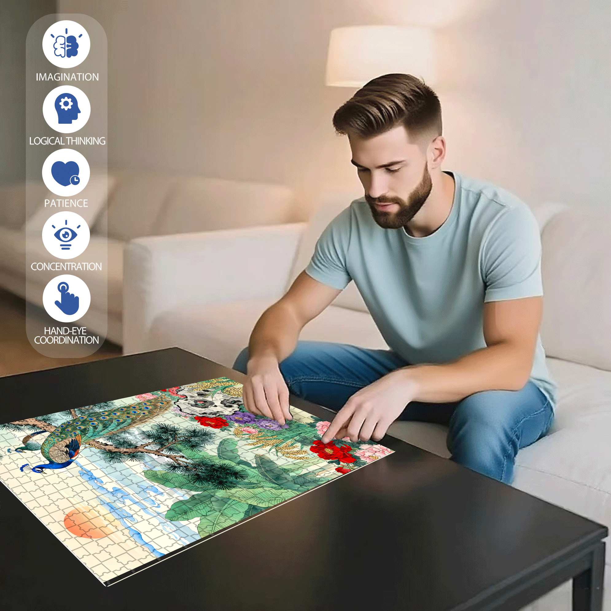 Peacock Perched On A Branch 500pcs/1000pcs Jigsaw Puzzle, Scratch-Resistant, Interactive Family Game & Brain-Boosting DIY Decor, Perfect for Halloween, Christmas & New Year Gifts, Family Puzzle Game