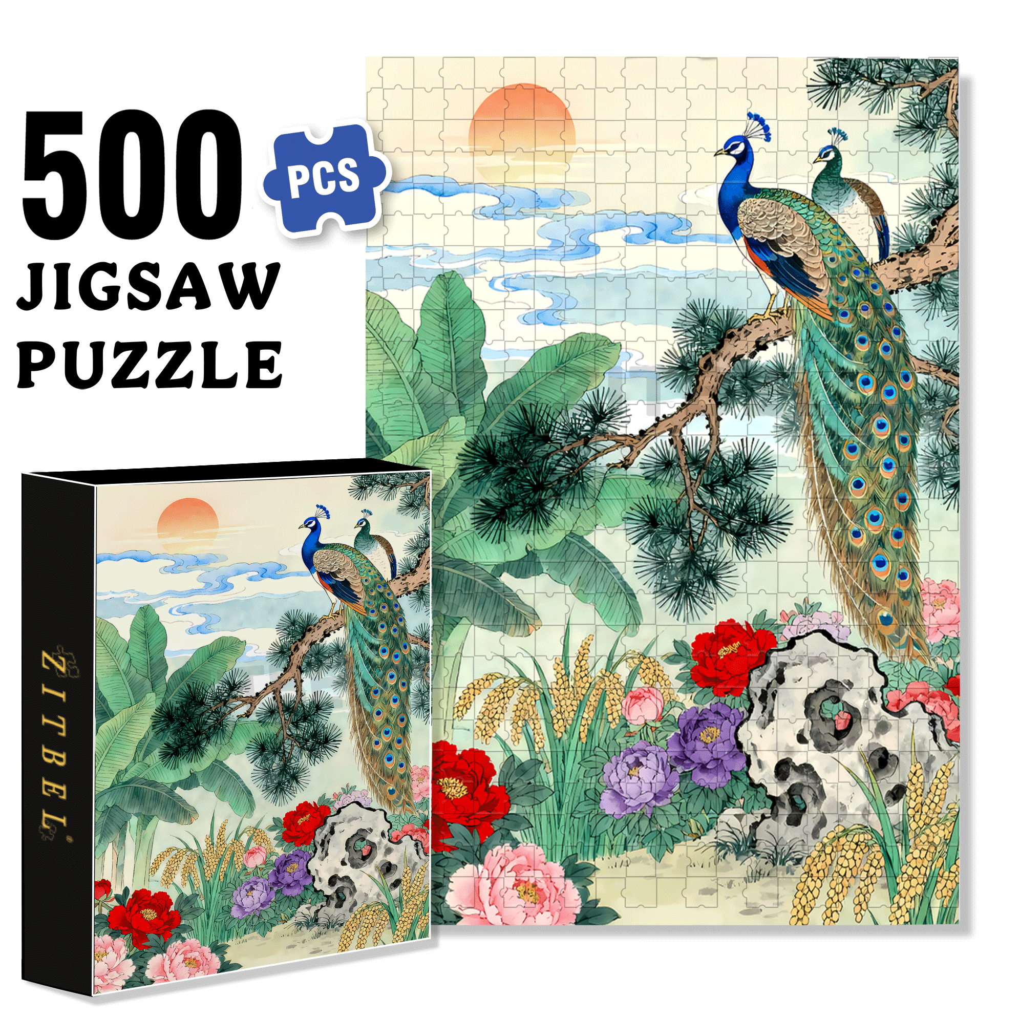 Peacock Perched On A Branch 500pcs/1000pcs Jigsaw Puzzle, Scratch-Resistant, Interactive Family Game & Brain-Boosting DIY Decor, Perfect for Halloween, Christmas & New Year Gifts, Family Puzzle Game