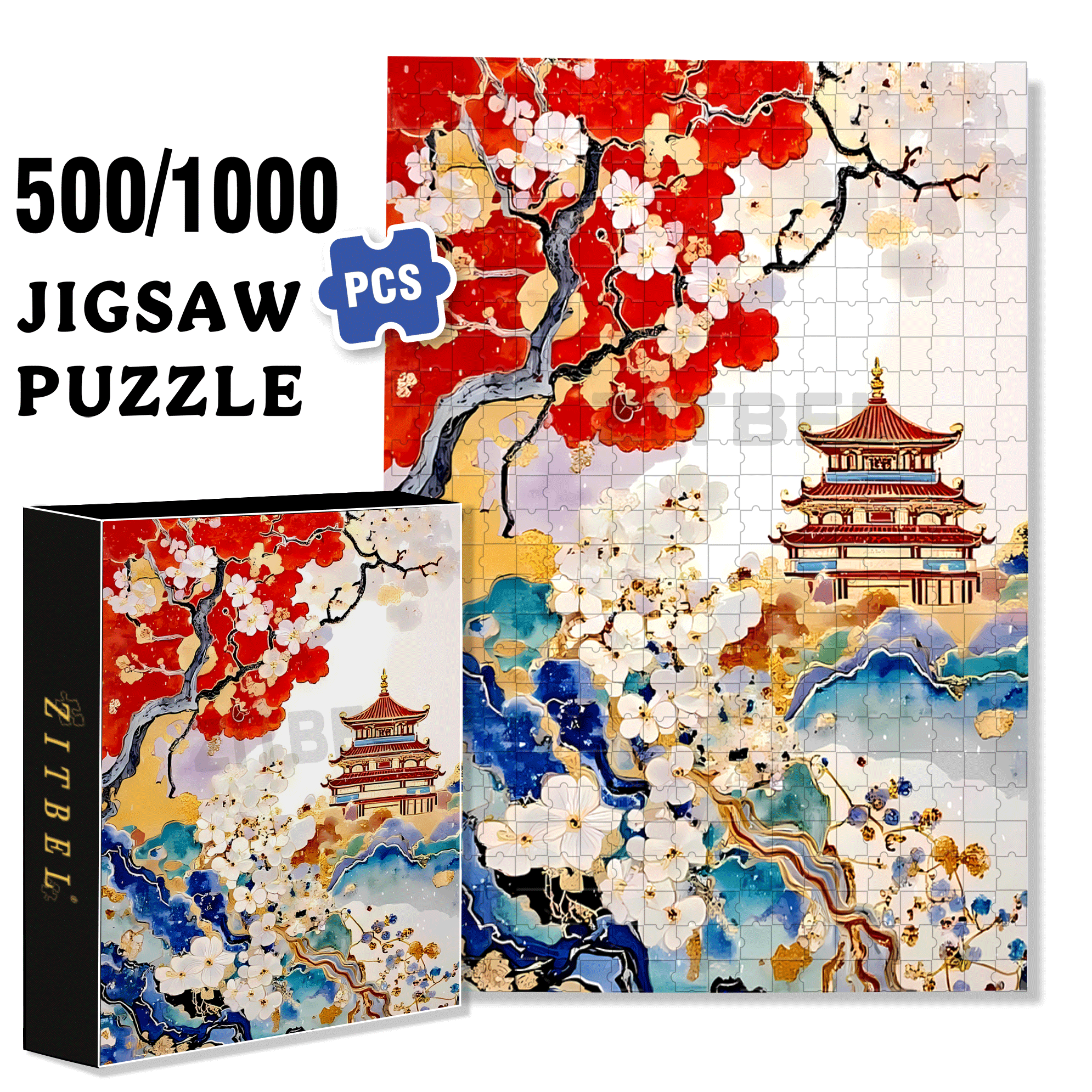 Plum Blossom Palace 500pcs/1000pcs Jigsaw Puzzle, Scratch-Resistant, Interactive Family Game & Brain-Boosting DIY Decor, Perfect for Halloween, Christmas & New Year Gifts, Family Puzzle Game