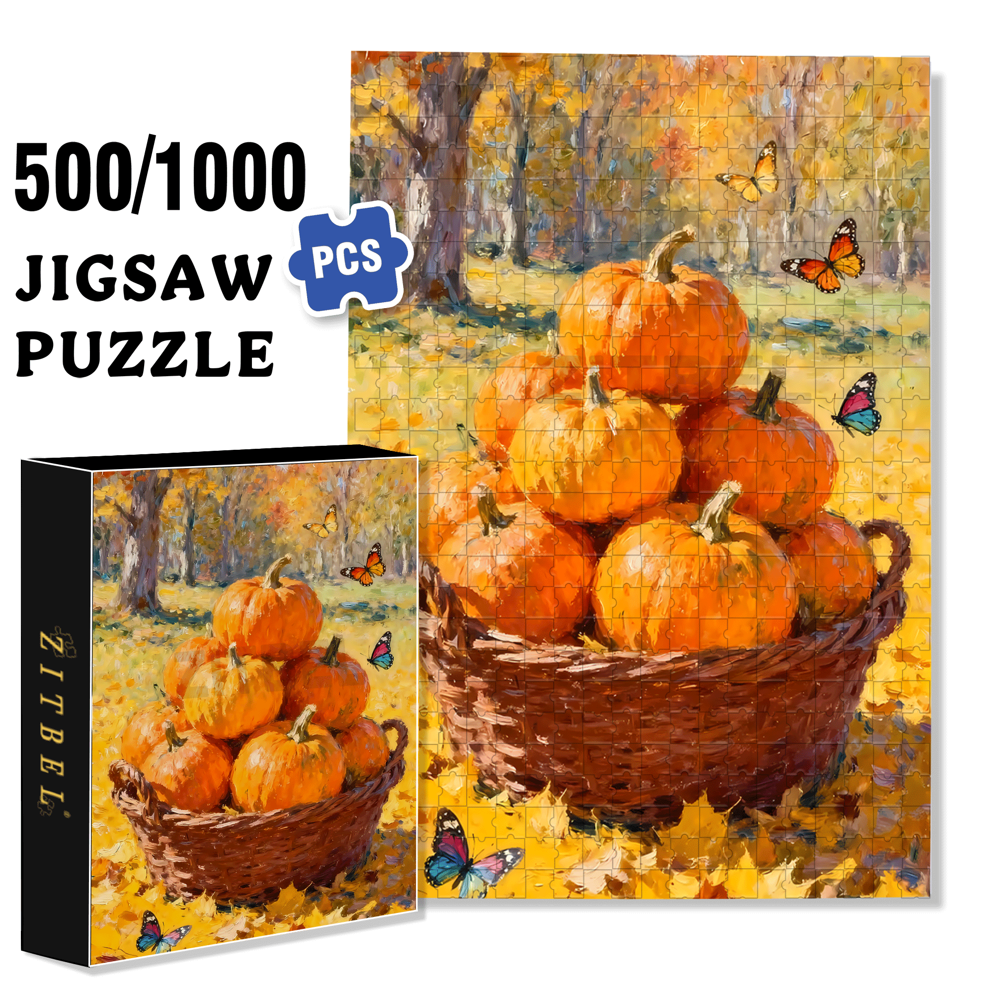 Butterflies And Pumpkins 500pcs/1000pcs Jigsaw Puzzle, Scratch-Resistant, Interactive Family Game & Brain-Boosting DIY Decor, Perfect for Halloween, Christmas & New Year Gifts, Family Puzzle Game