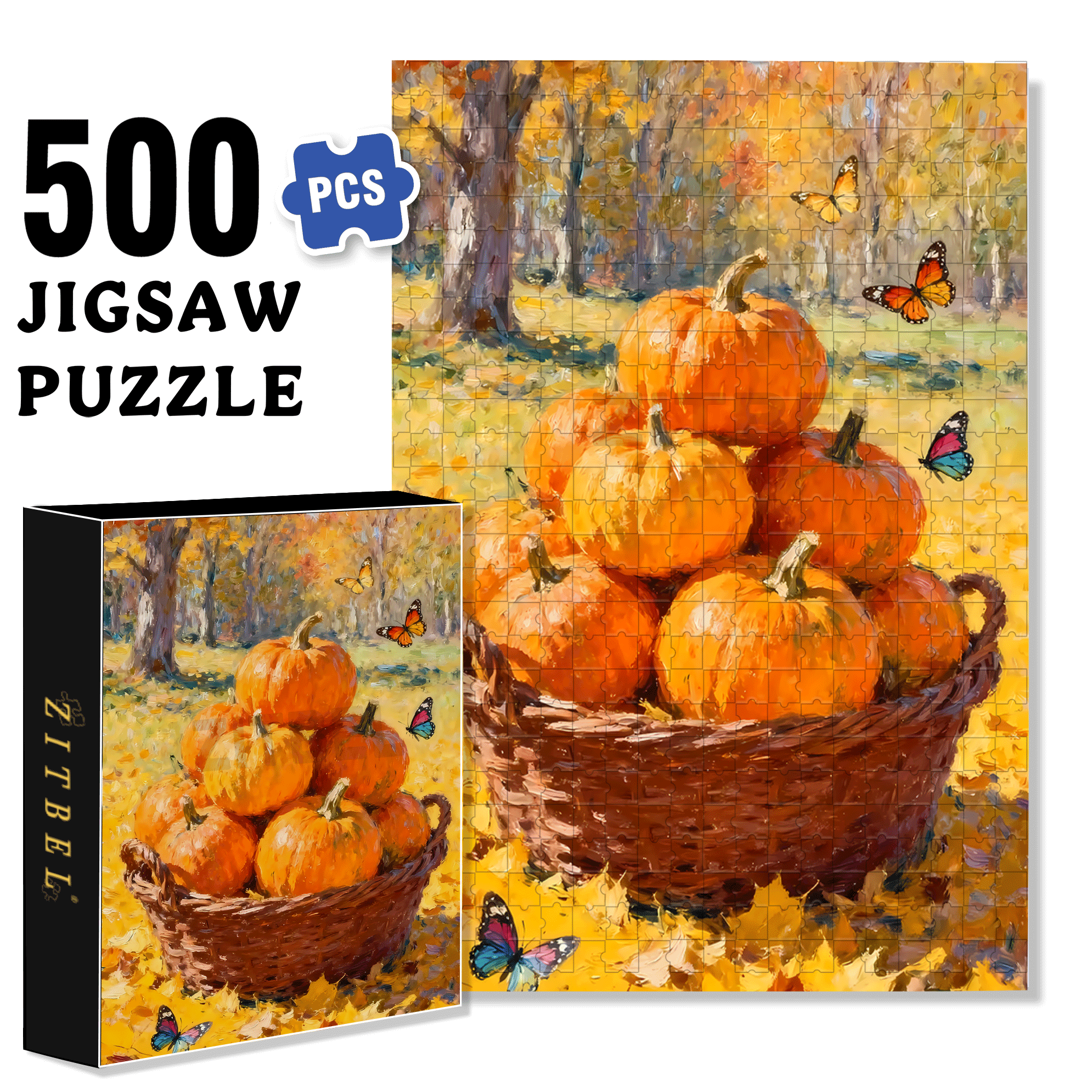 Butterflies And Pumpkins 500pcs/1000pcs Jigsaw Puzzle, Scratch-Resistant, Interactive Family Game & Brain-Boosting DIY Decor, Perfect for Halloween, Christmas & New Year Gifts, Family Puzzle Game