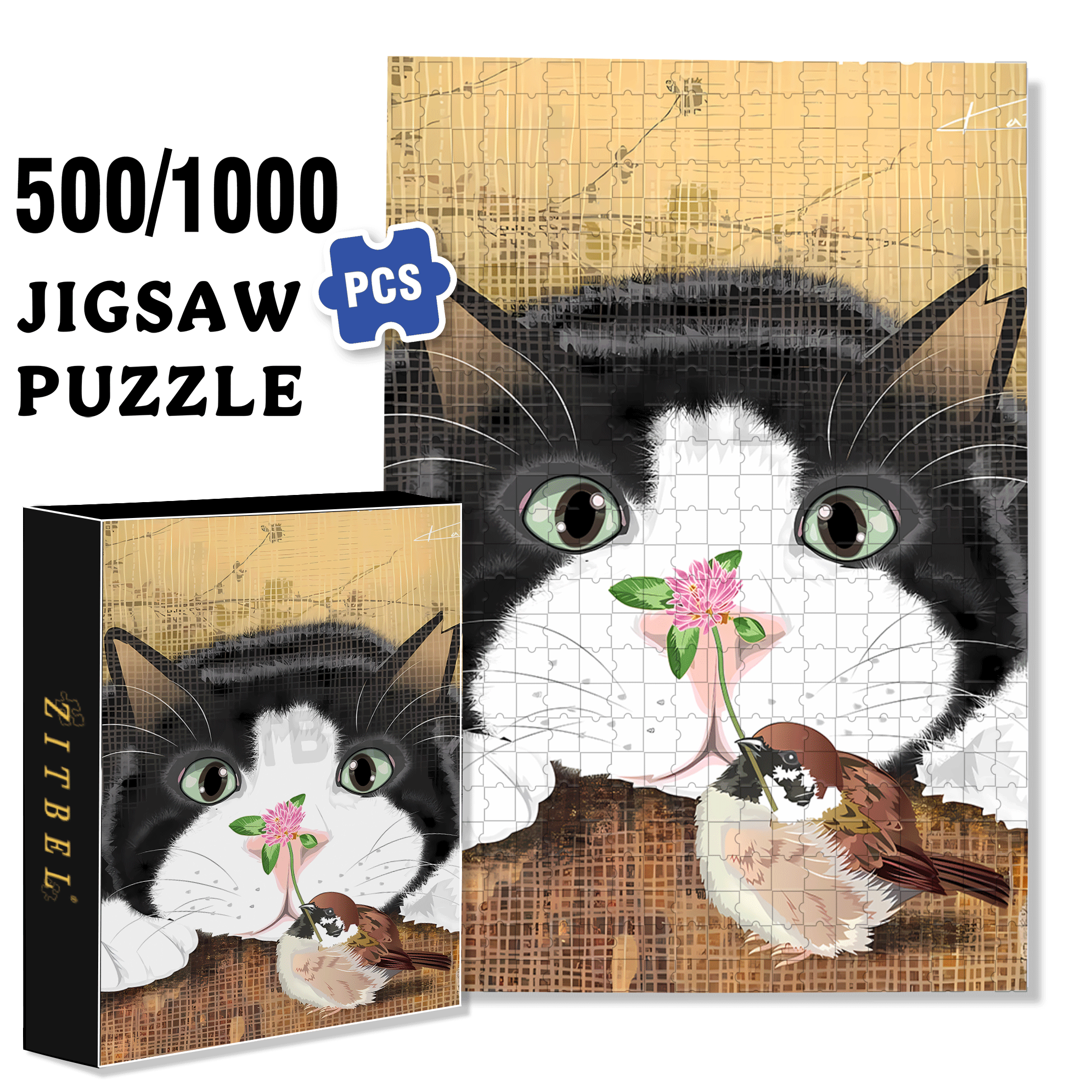 Cat and Sparrow 2 500pcs/1000pcs Jigsaw Puzzle, Scratch-Resistant, Interactive Family Game & Brain-Boosting DIY Decor, Perfect for Halloween, Christmas & New Year Gifts, Family Puzzle Game