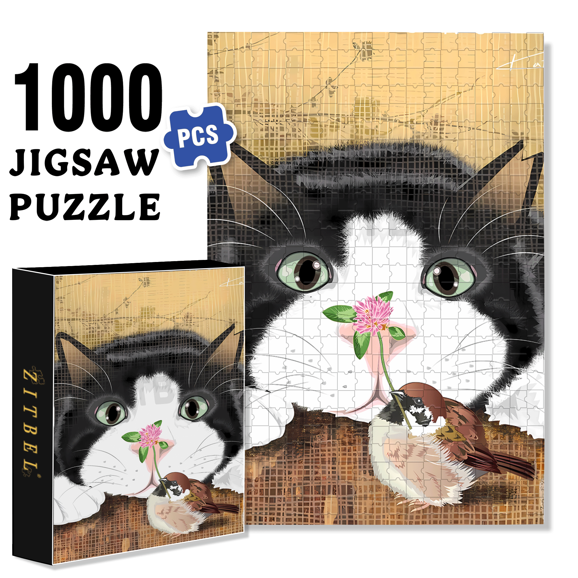 Cat and Sparrow 2 500pcs/1000pcs Jigsaw Puzzle, Scratch-Resistant, Interactive Family Game & Brain-Boosting DIY Decor, Perfect for Halloween, Christmas & New Year Gifts, Family Puzzle Game