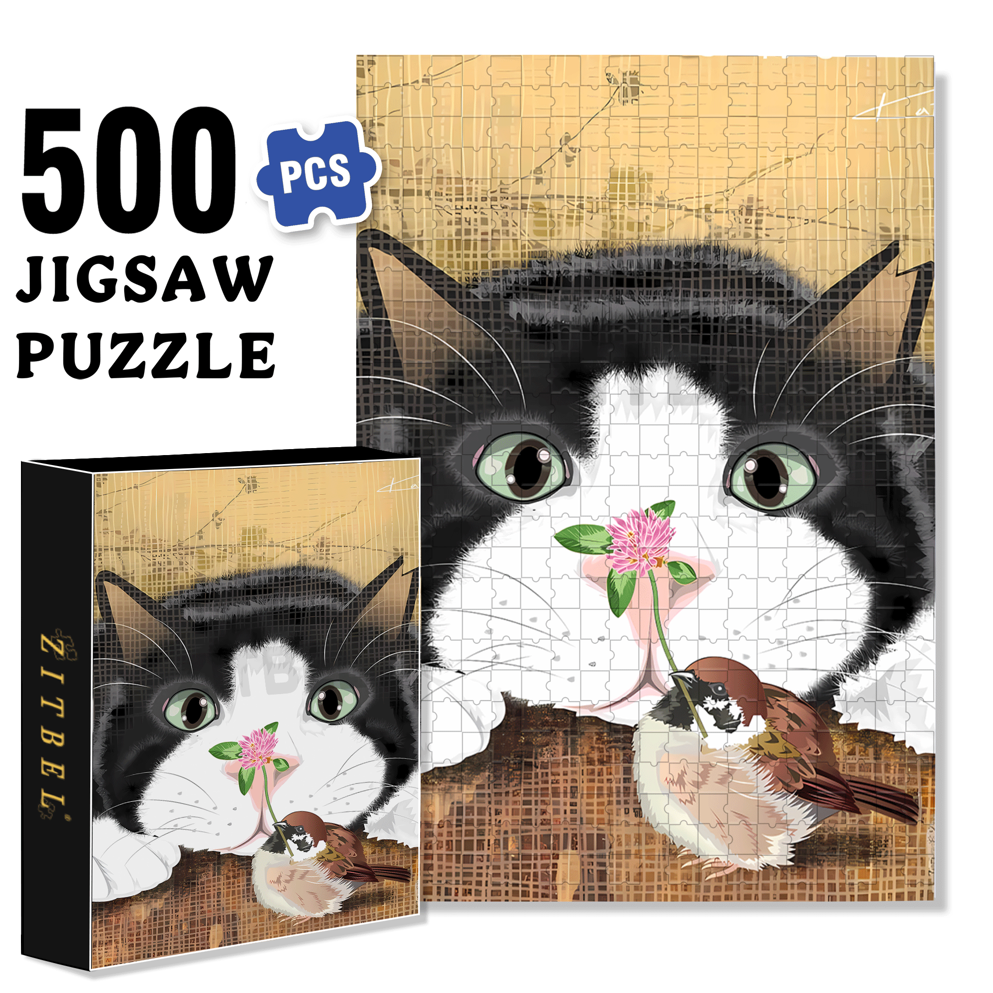 Cat and Sparrow 2 500pcs/1000pcs Jigsaw Puzzle, Scratch-Resistant, Interactive Family Game & Brain-Boosting DIY Decor, Perfect for Halloween, Christmas & New Year Gifts, Family Puzzle Game
