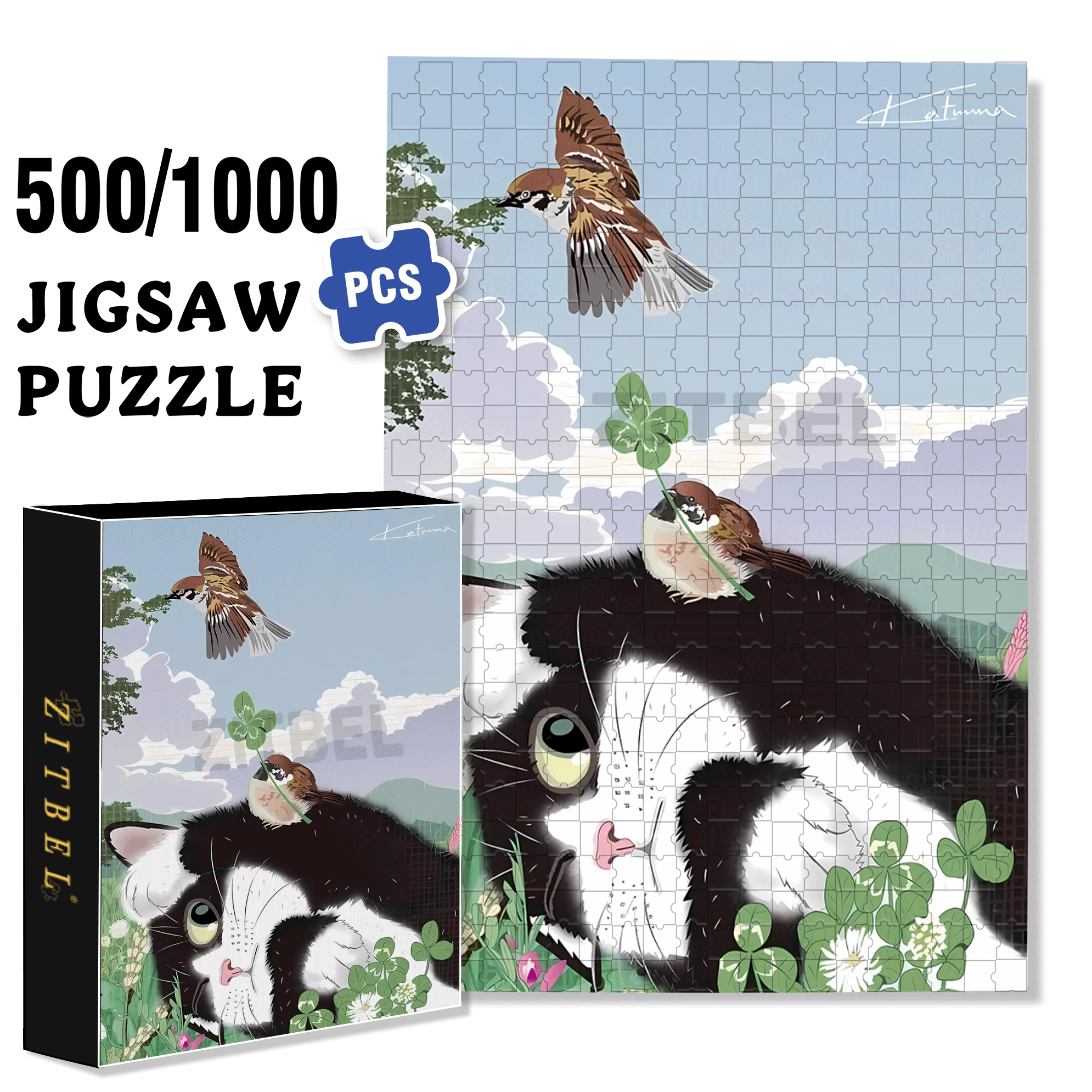 Cat and Sparrow 3 500pcs/1000pcs Jigsaw Puzzle, Scratch-Resistant, Interactive Family Game & Brain-Boosting DIY Decor, Perfect for Halloween, Christmas & New Year Gifts, Family Puzzle Game