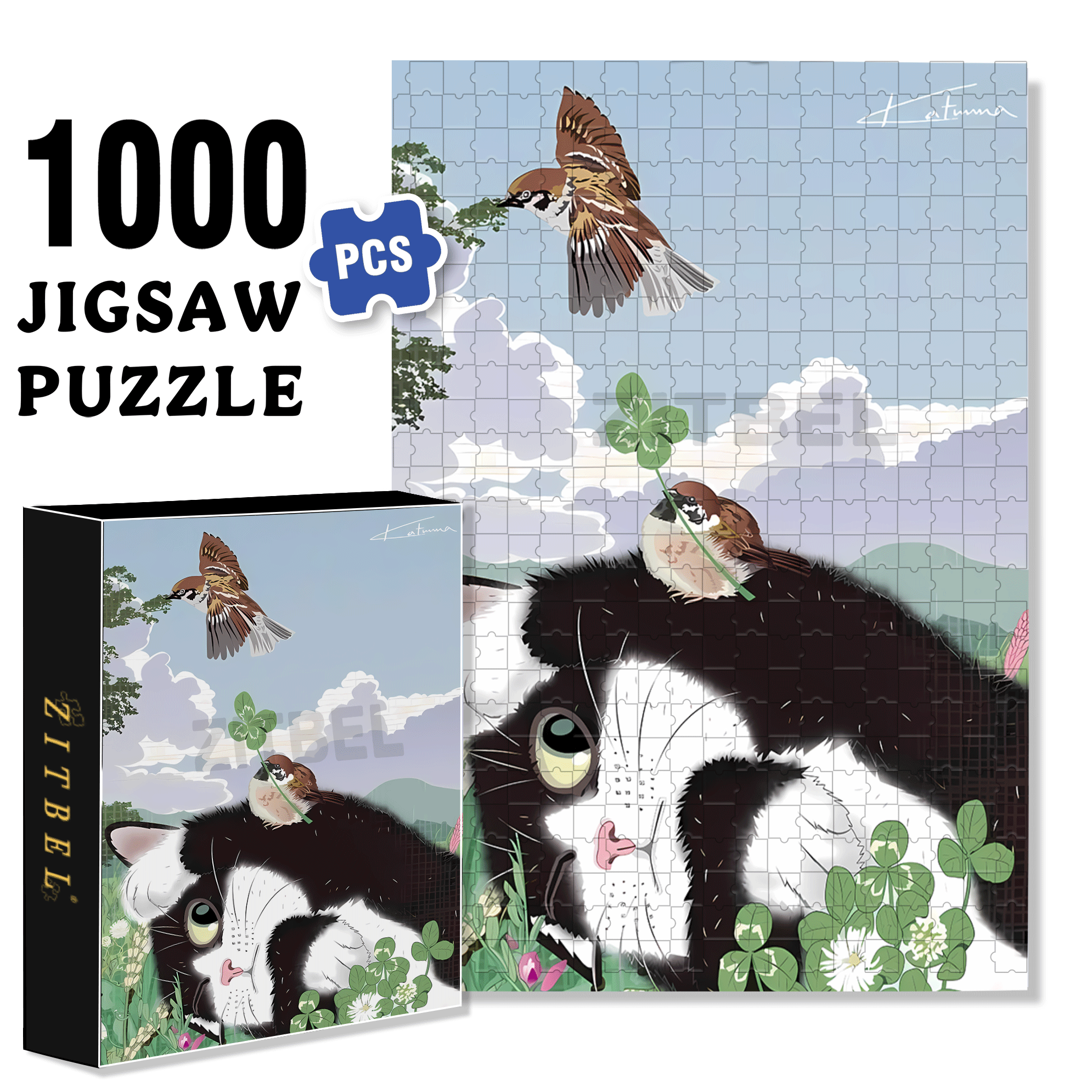 Cat and Sparrow 3 500pcs/1000pcs Jigsaw Puzzle, Scratch-Resistant, Interactive Family Game & Brain-Boosting DIY Decor, Perfect for Halloween, Christmas & New Year Gifts, Family Puzzle Game