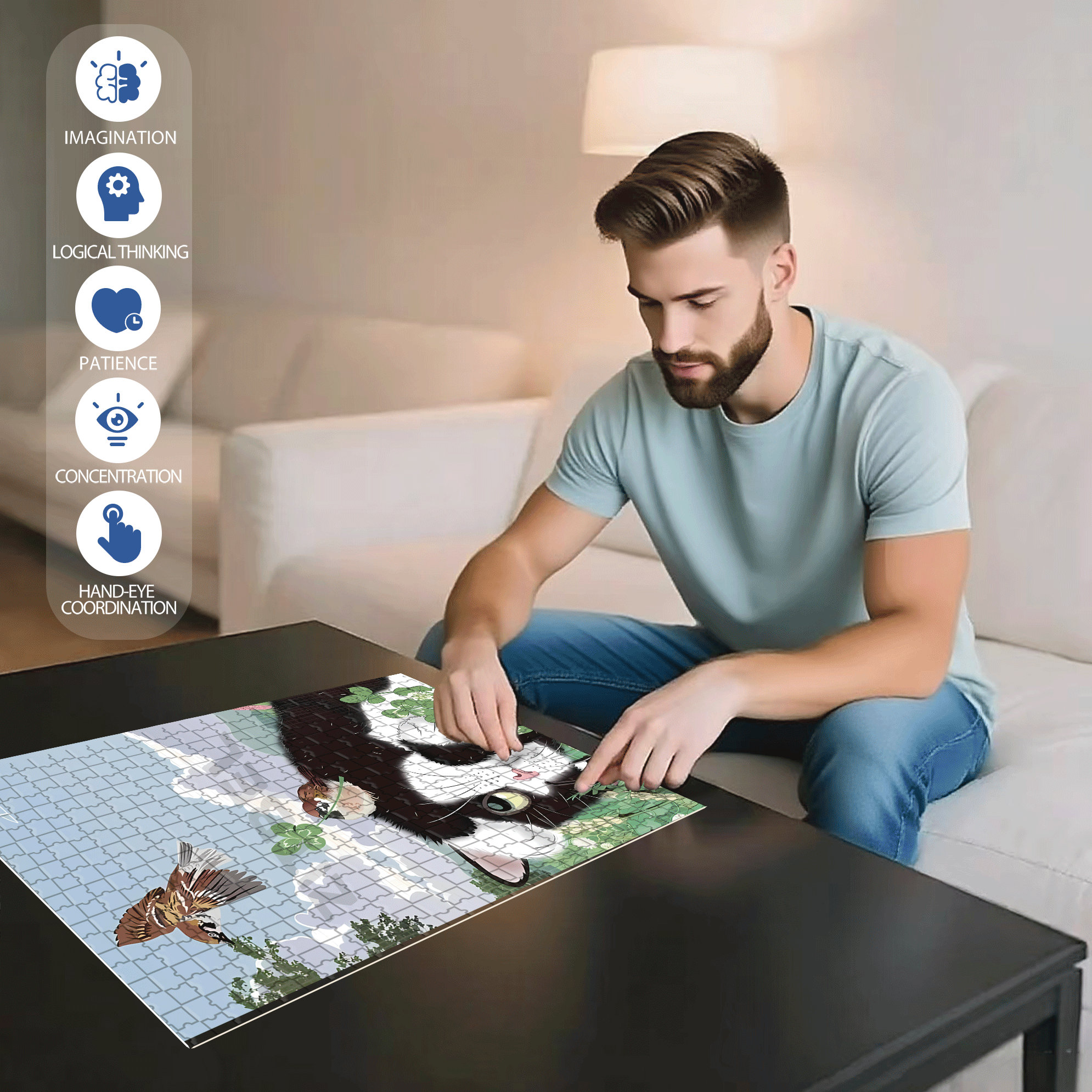 Cat and Sparrow 3 500pcs/1000pcs Jigsaw Puzzle, Scratch-Resistant, Interactive Family Game & Brain-Boosting DIY Decor, Perfect for Halloween, Christmas & New Year Gifts, Family Puzzle Game