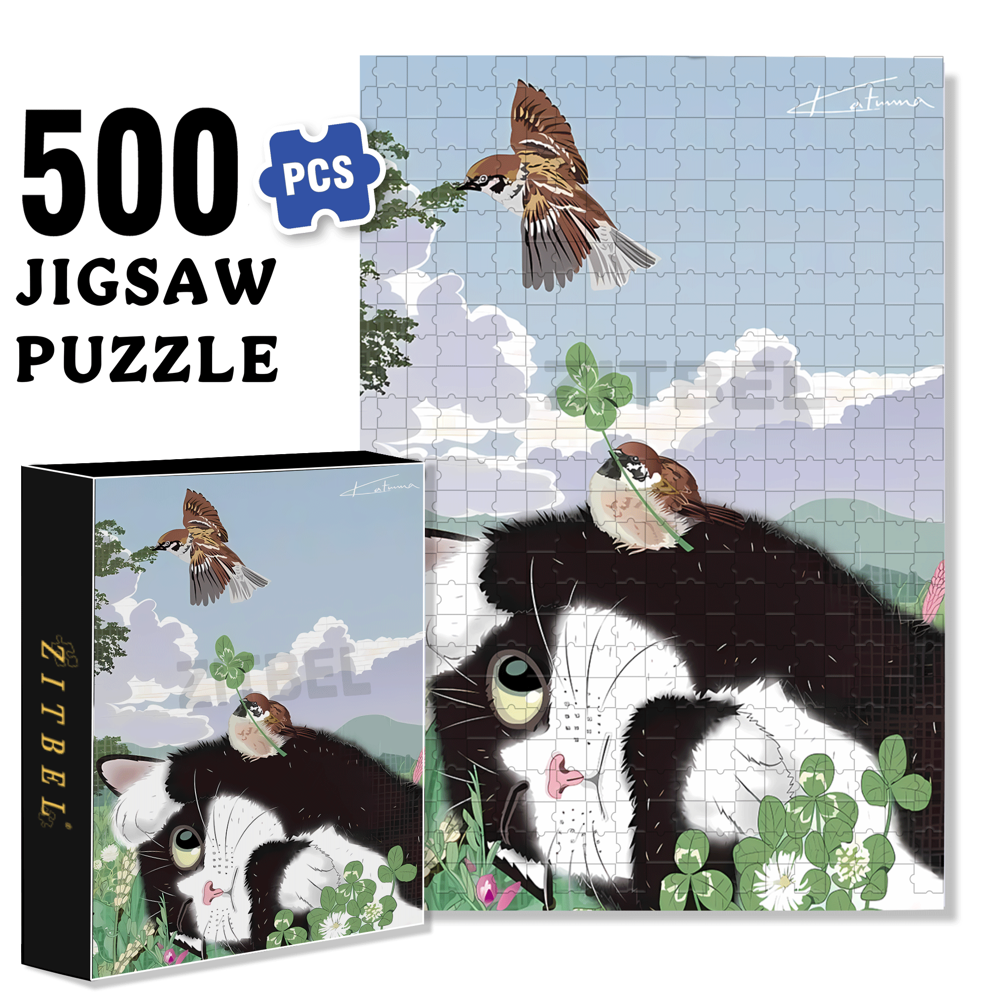 Cat and Sparrow 3 500pcs/1000pcs Jigsaw Puzzle, Scratch-Resistant, Interactive Family Game & Brain-Boosting DIY Decor, Perfect for Halloween, Christmas & New Year Gifts, Family Puzzle Game