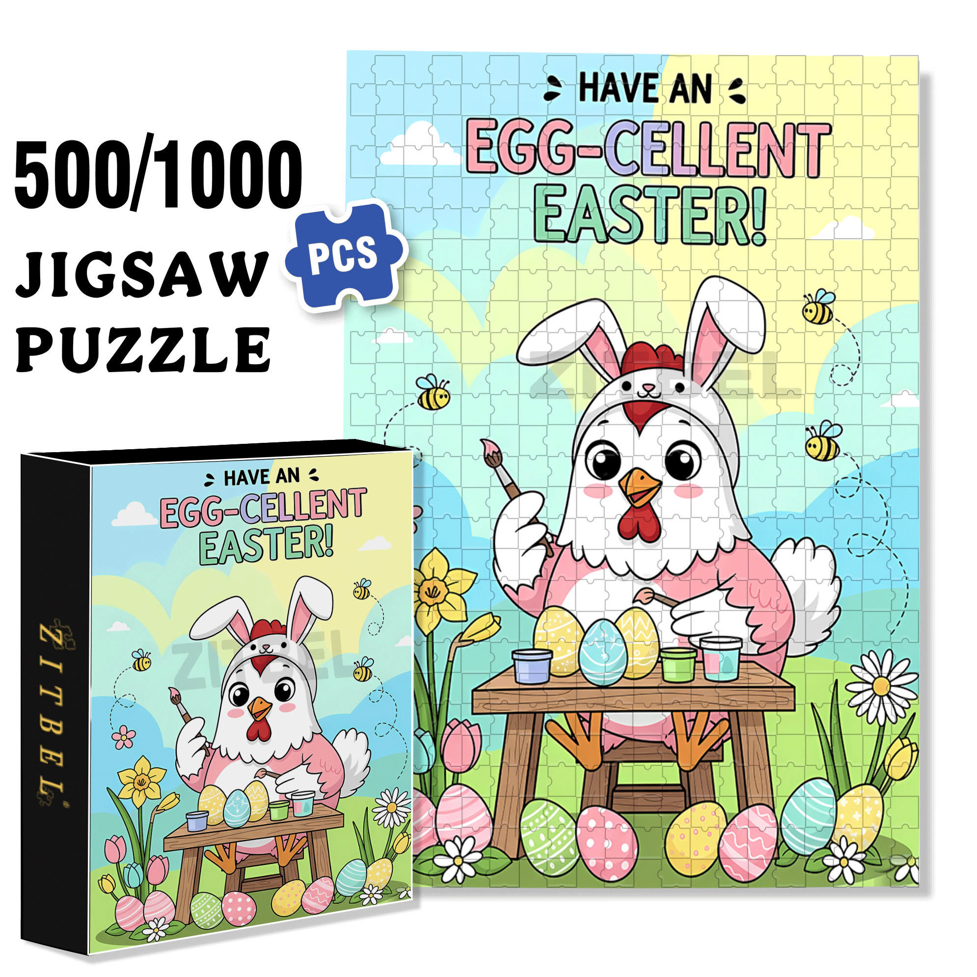 Cute Chicken Easte 500pcs/1000pcs Jigsaw Puzzle, Scratch-Resistant, Interactive Family Game & Brain-Boosting DIY Decor, Perfect for Halloween, Christmas & New Year Gifts, Family Puzzle Game