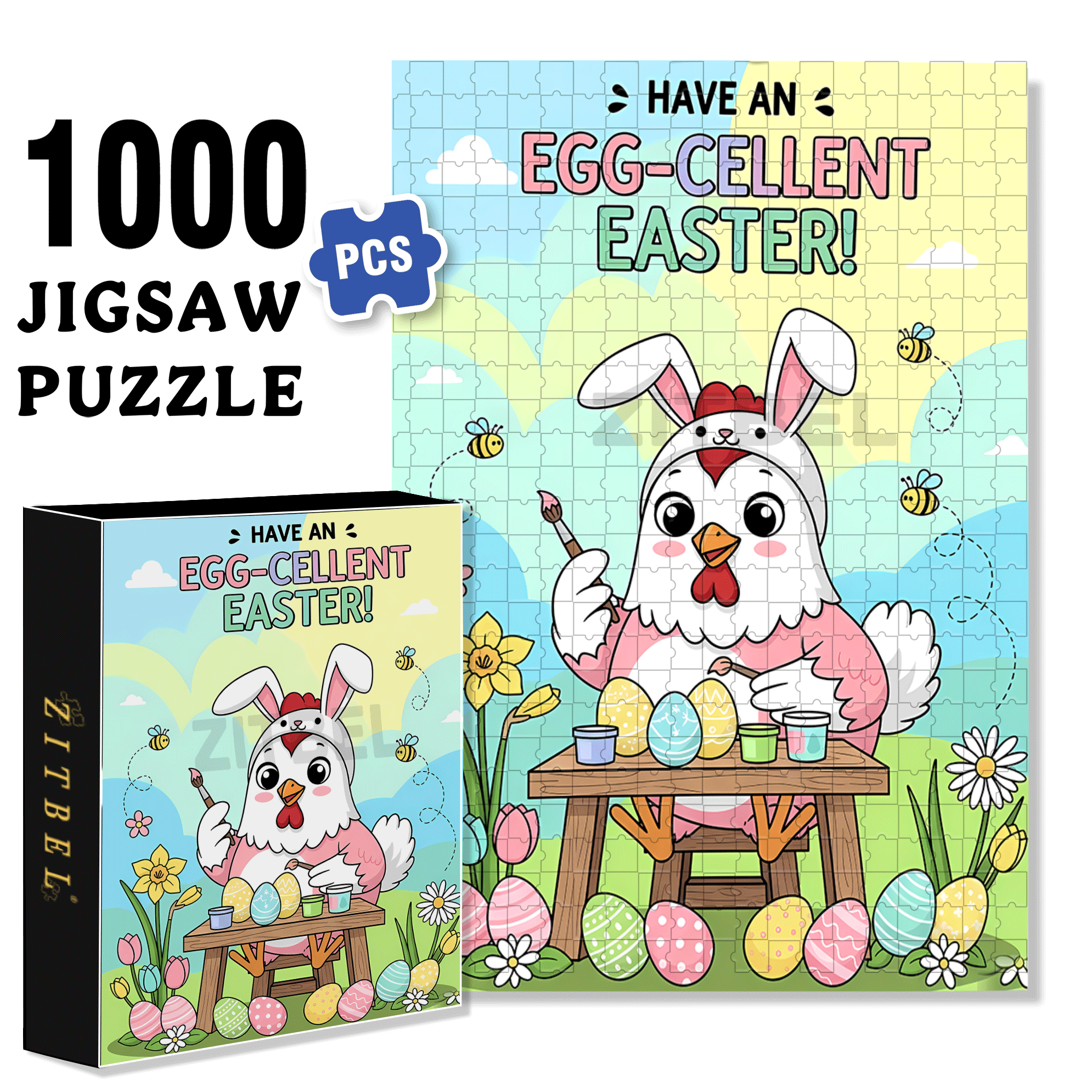 Cute Chicken Easte 500pcs/1000pcs Jigsaw Puzzle, Scratch-Resistant, Interactive Family Game & Brain-Boosting DIY Decor, Perfect for Halloween, Christmas & New Year Gifts, Family Puzzle Game