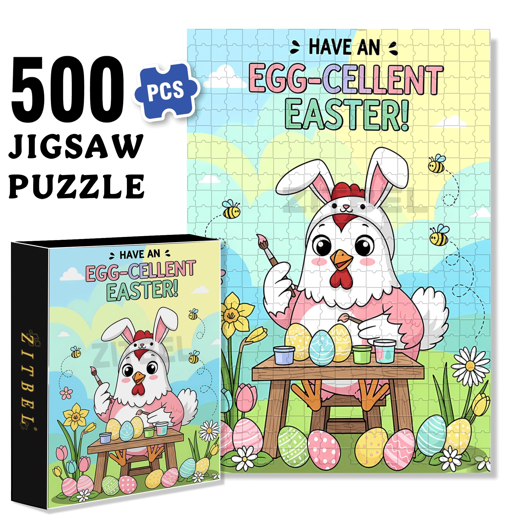 Cute Chicken Easte 500pcs/1000pcs Jigsaw Puzzle, Scratch-Resistant, Interactive Family Game & Brain-Boosting DIY Decor, Perfect for Halloween, Christmas & New Year Gifts, Family Puzzle Game