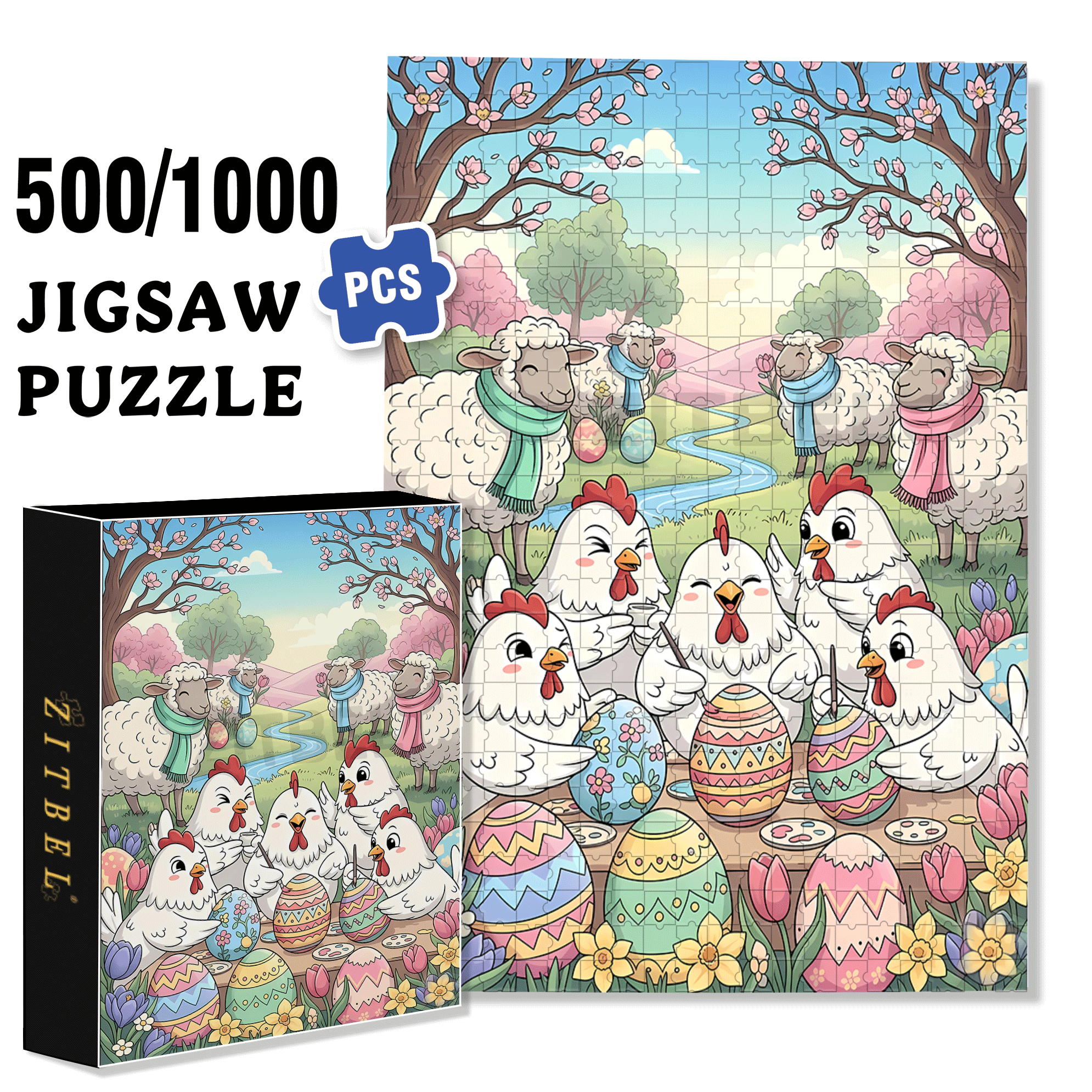 Farm Animals Celebrating Spring 500pcs/1000pcs Jigsaw Puzzle, Scratch-Resistant, Interactive Family Game & Brain-Boosting DIY Decor, Perfect for Halloween, Christmas & New Year Gifts, Family Puzzle Game