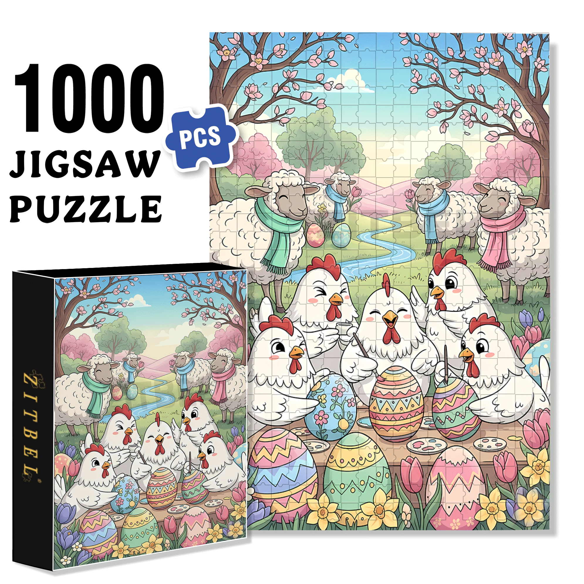 Farm Animals Celebrating Spring 500pcs/1000pcs Jigsaw Puzzle, Scratch-Resistant, Interactive Family Game & Brain-Boosting DIY Decor, Perfect for Halloween, Christmas & New Year Gifts, Family Puzzle Game