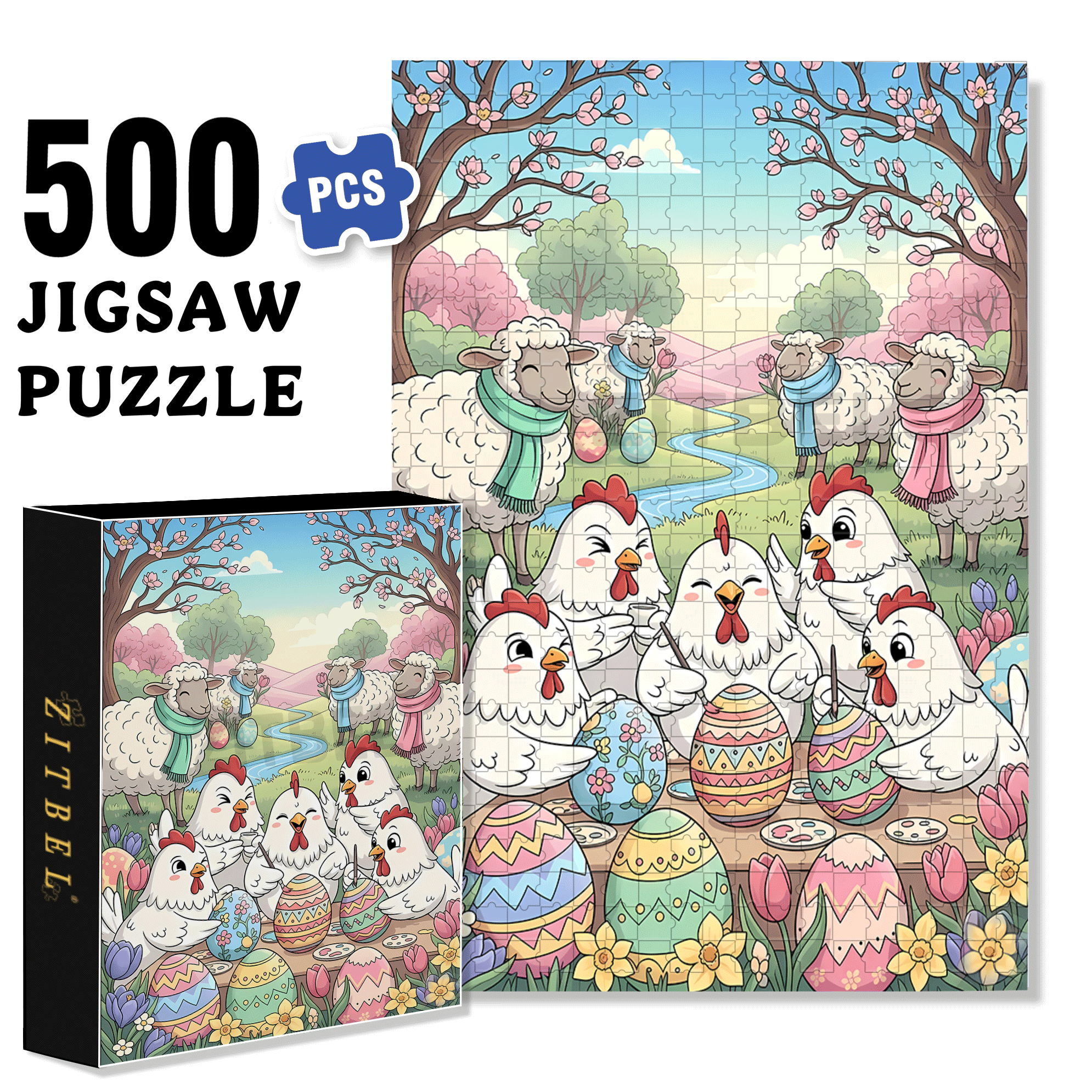 Farm Animals Celebrating Spring 500pcs/1000pcs Jigsaw Puzzle, Scratch-Resistant, Interactive Family Game & Brain-Boosting DIY Decor, Perfect for Halloween, Christmas & New Year Gifts, Family Puzzle Game