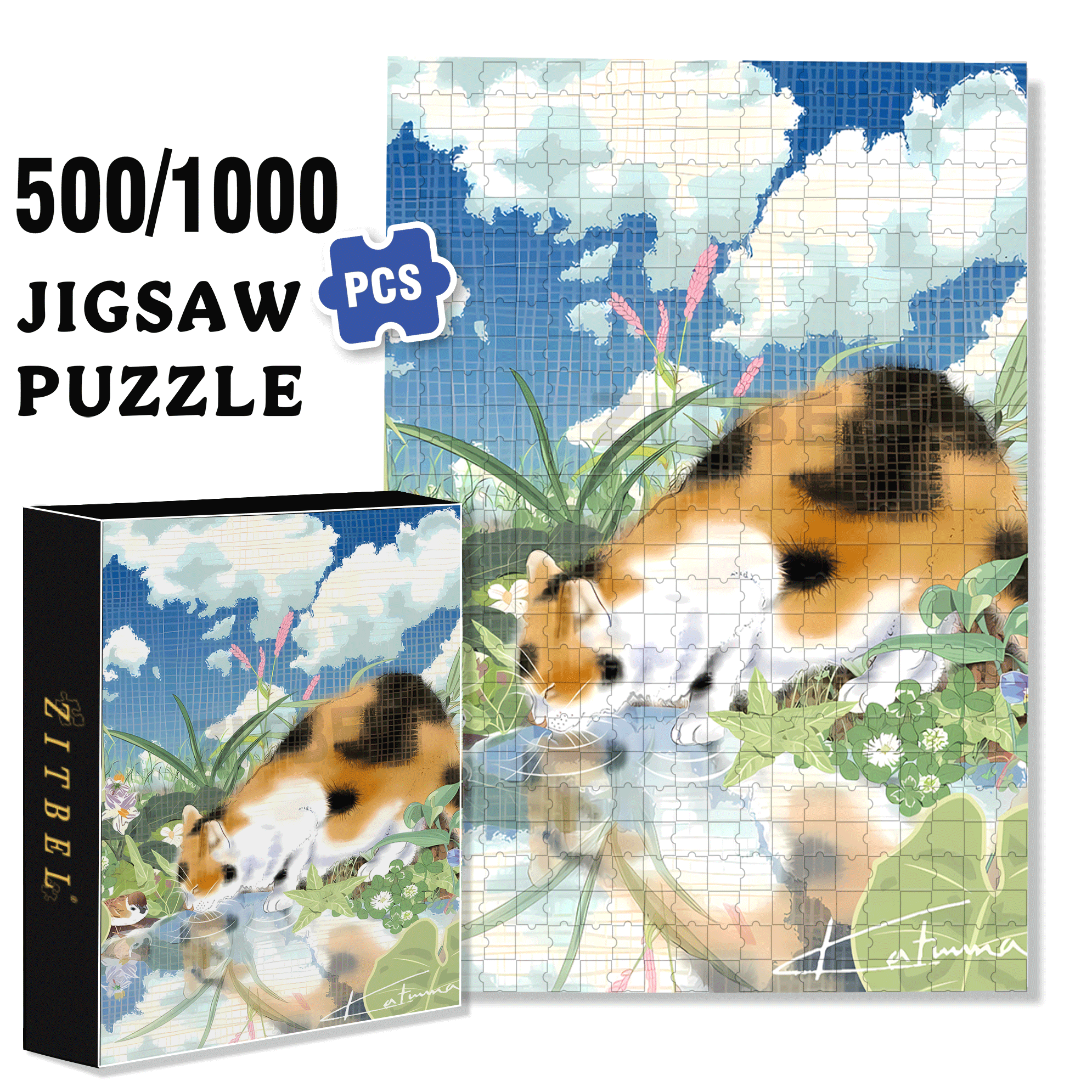 Kitten Drinking Water 500pcs/1000pcs Jigsaw Puzzle, Scratch-Resistant, Interactive Family Game & Brain-Boosting DIY Decor, Perfect for Halloween, Christmas & New Year Gifts, Family Puzzle Game