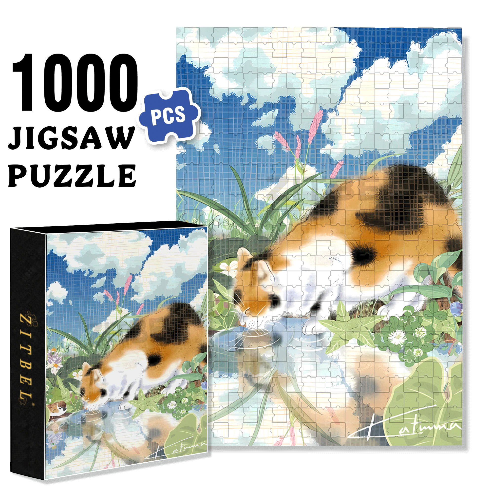 Kitten Drinking Water 500pcs/1000pcs Jigsaw Puzzle, Scratch-Resistant, Interactive Family Game & Brain-Boosting DIY Decor, Perfect for Halloween, Christmas & New Year Gifts, Family Puzzle Game