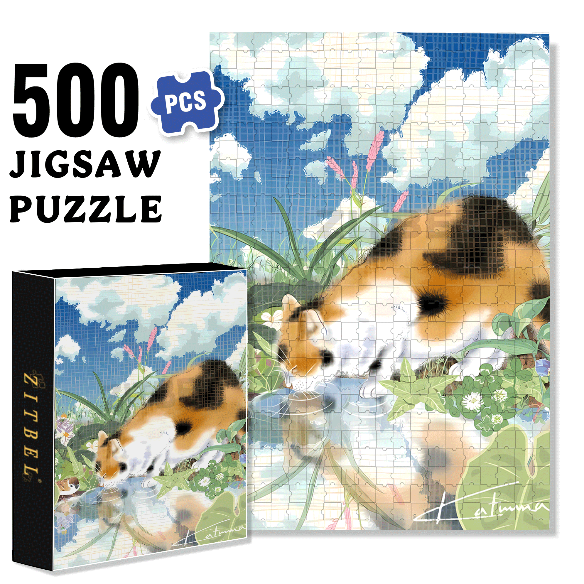 Kitten Drinking Water 500pcs/1000pcs Jigsaw Puzzle, Scratch-Resistant, Interactive Family Game & Brain-Boosting DIY Decor, Perfect for Halloween, Christmas & New Year Gifts, Family Puzzle Game