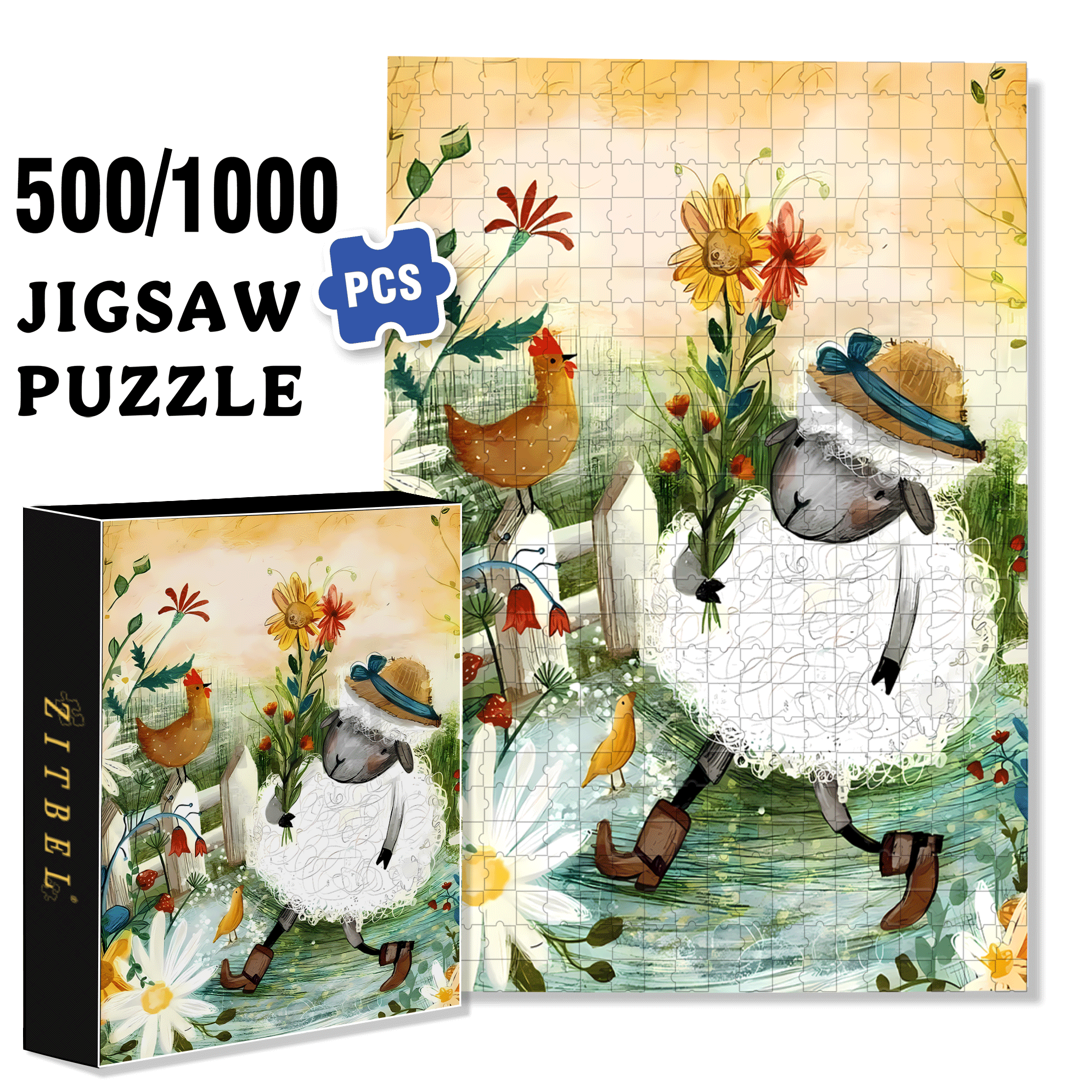 Little Sheep 500pcs/1000pcs Jigsaw Puzzle, Scratch-Resistant, Interactive Family Game & Brain-Boosting DIY Decor, Perfect for Halloween, Christmas & New Year Gifts, Family Puzzle Game