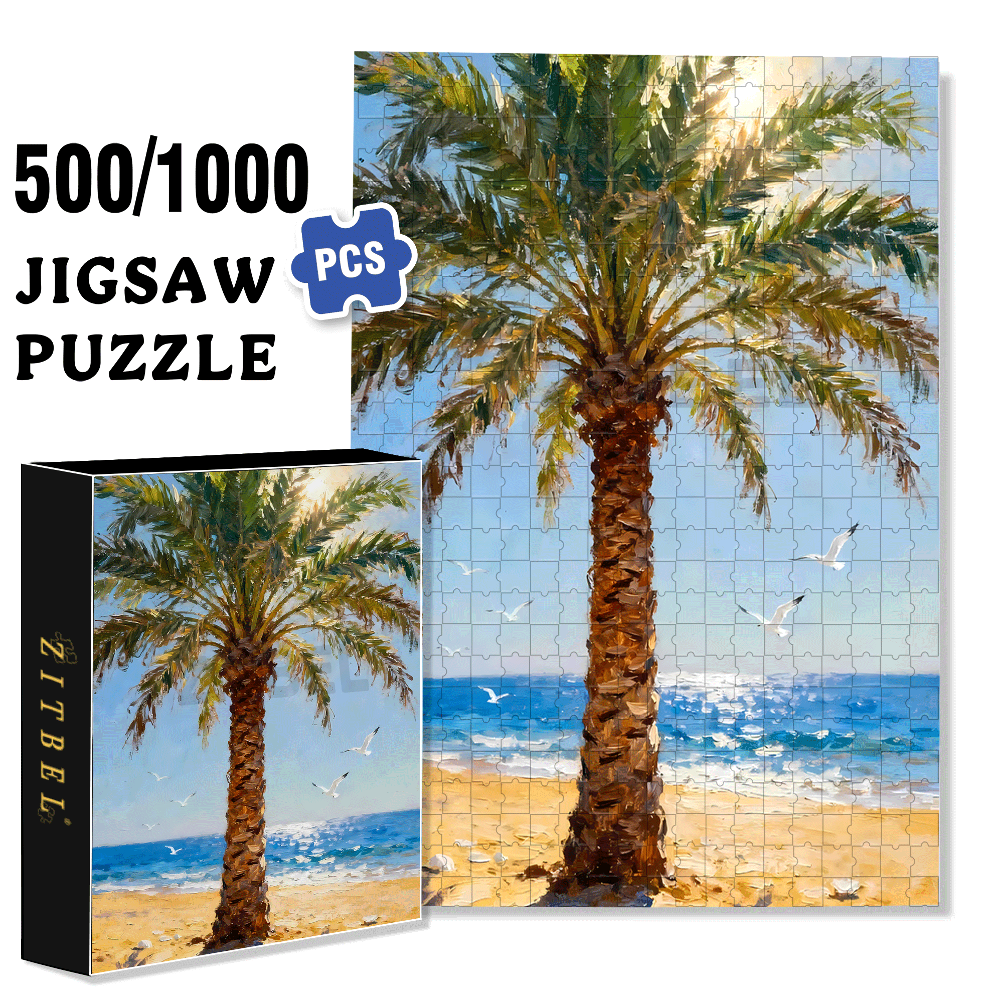 Palm Trees By The Seaside 500pcs/1000pcs Jigsaw Puzzle, Scratch-Resistant, Interactive Family Game & Brain-Boosting DIY Decor, Perfect for Halloween, Christmas & New Year Gifts, Family Puzzle Game