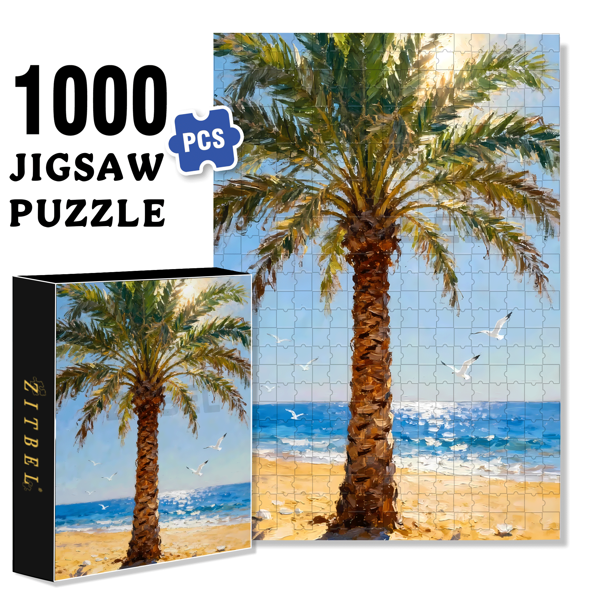 Palm Trees By The Seaside 500pcs/1000pcs Jigsaw Puzzle, Scratch-Resistant, Interactive Family Game & Brain-Boosting DIY Decor, Perfect for Halloween, Christmas & New Year Gifts, Family Puzzle Game