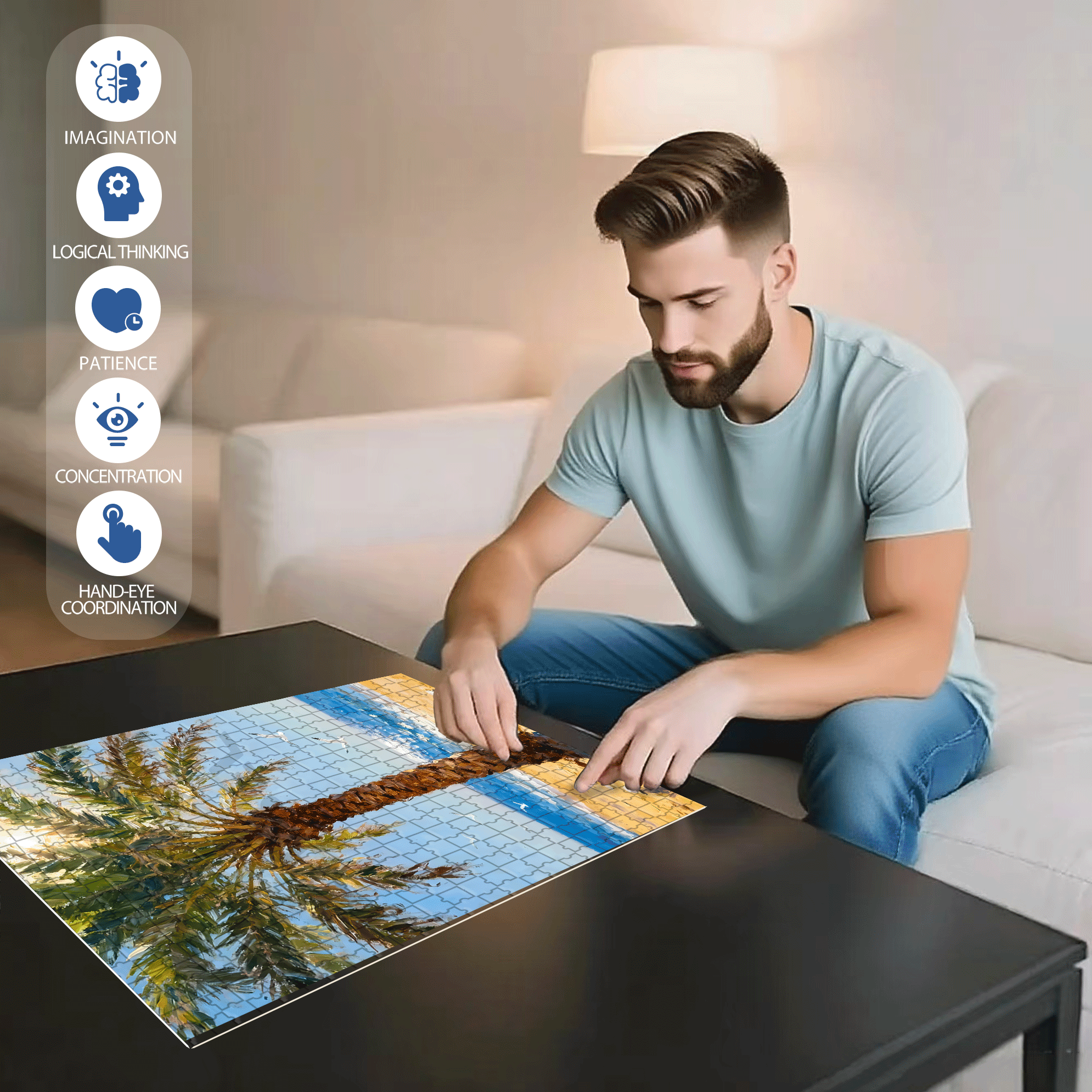 Palm Trees By The Seaside 500pcs/1000pcs Jigsaw Puzzle, Scratch-Resistant, Interactive Family Game & Brain-Boosting DIY Decor, Perfect for Halloween, Christmas & New Year Gifts, Family Puzzle Game