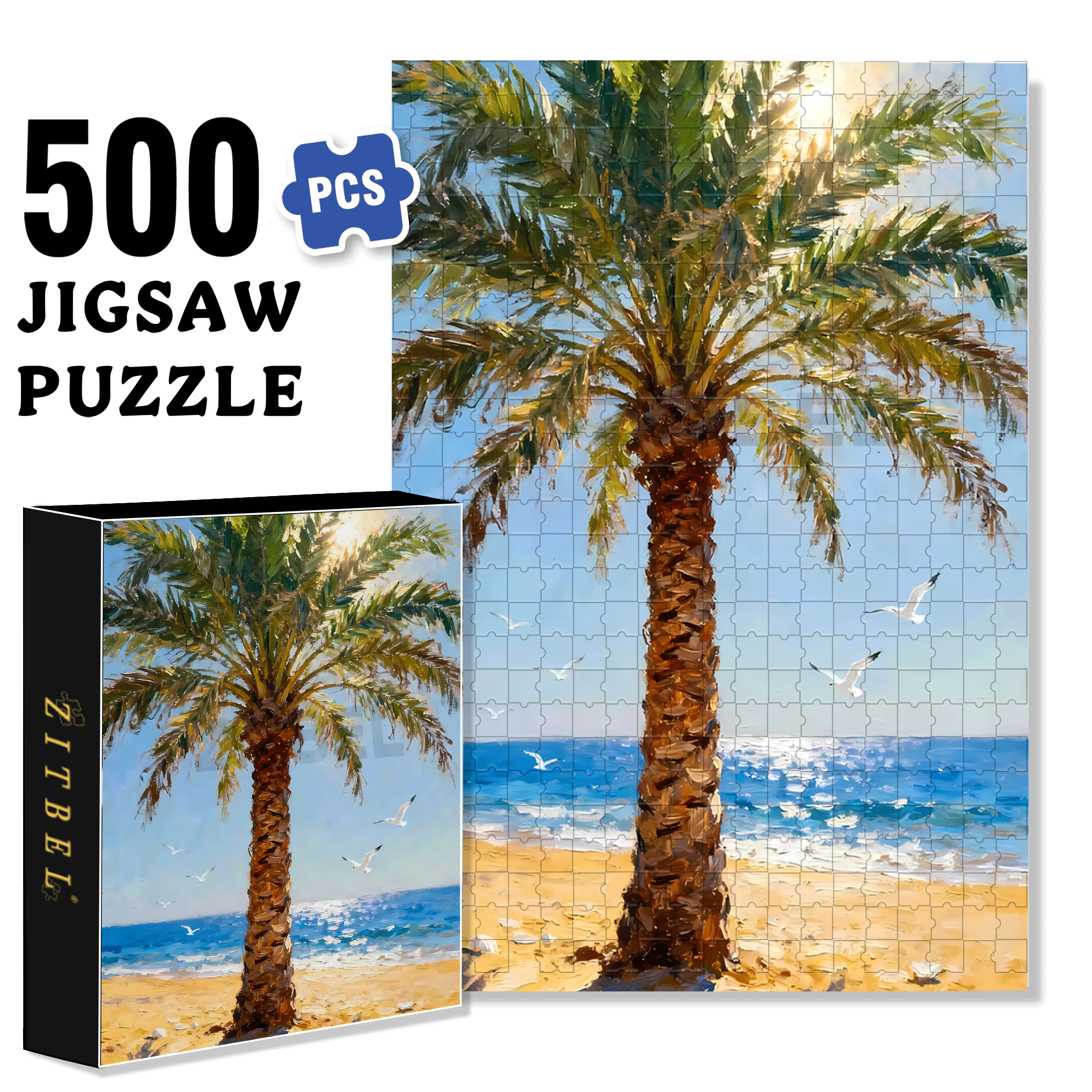 Palm Trees By The Seaside 500pcs/1000pcs Jigsaw Puzzle, Scratch-Resistant, Interactive Family Game & Brain-Boosting DIY Decor, Perfect for Halloween, Christmas & New Year Gifts, Family Puzzle Game