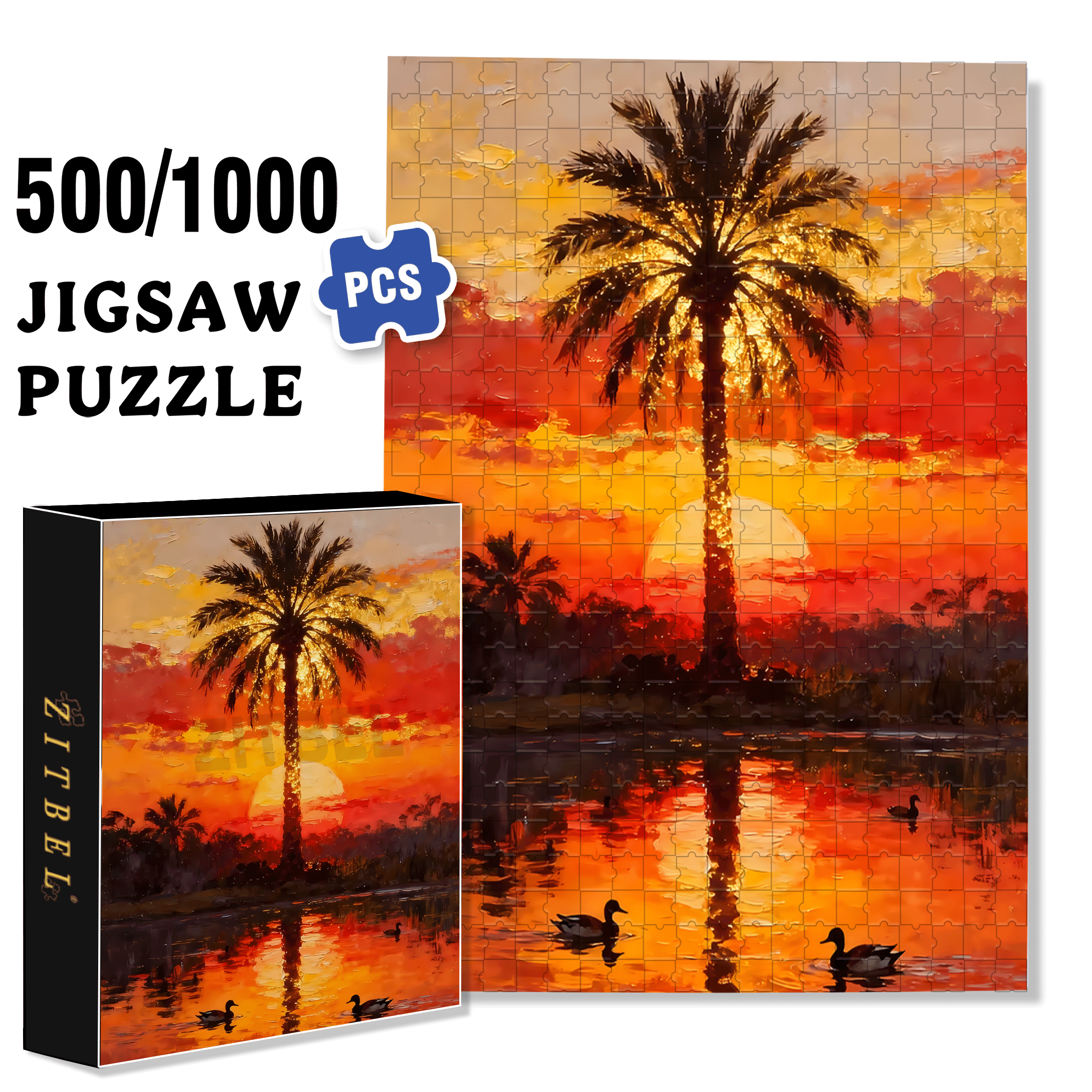 Palm Trees In The Setting Sun 500pcs/1000pcs Jigsaw Puzzle, Scratch-Resistant, Interactive Family Game & Brain-Boosting DIY Decor, Perfect for Halloween, Christmas & New Year Gifts, Family Puzzle Game