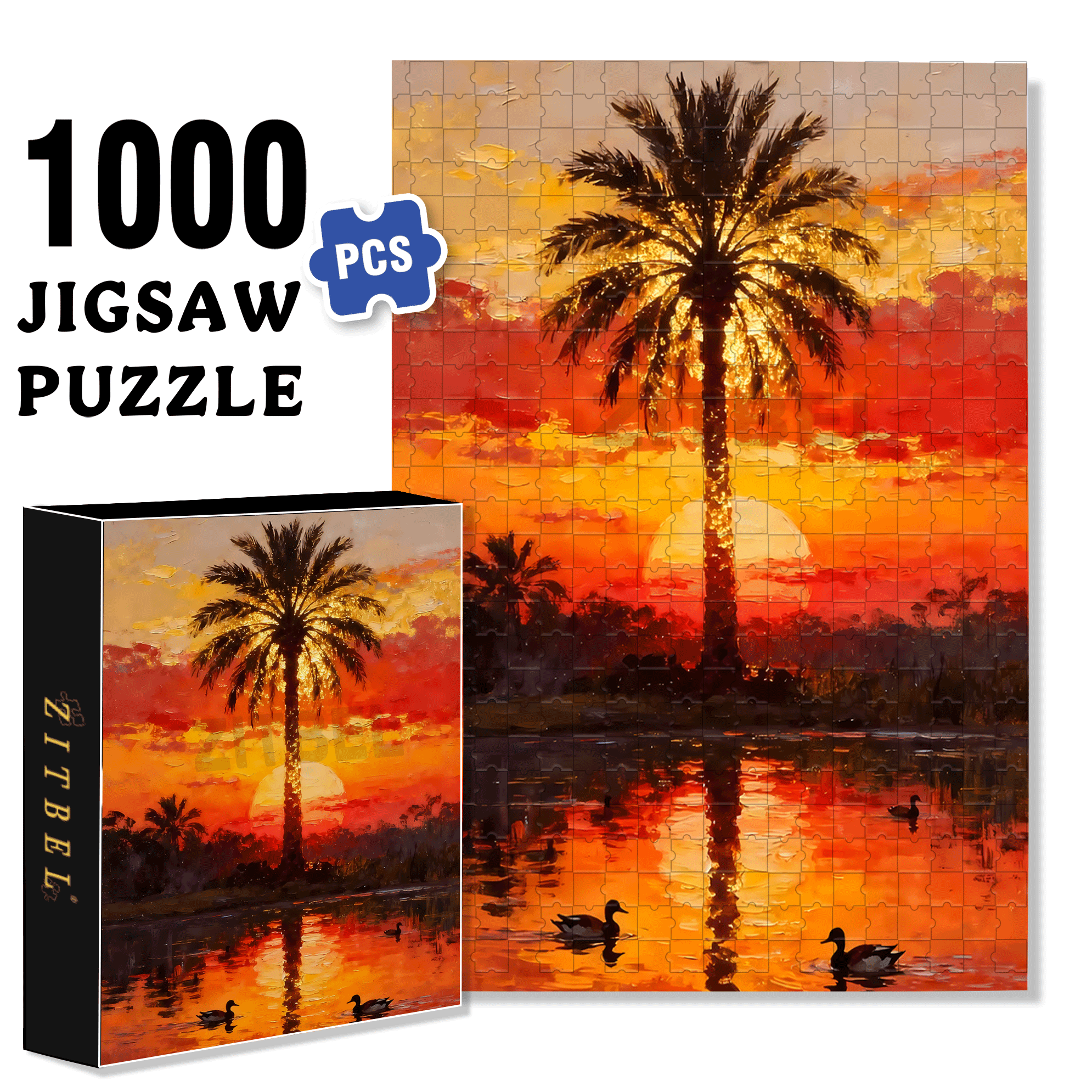 Palm Trees In The Setting Sun 500pcs/1000pcs Jigsaw Puzzle, Scratch-Resistant, Interactive Family Game & Brain-Boosting DIY Decor, Perfect for Halloween, Christmas & New Year Gifts, Family Puzzle Game