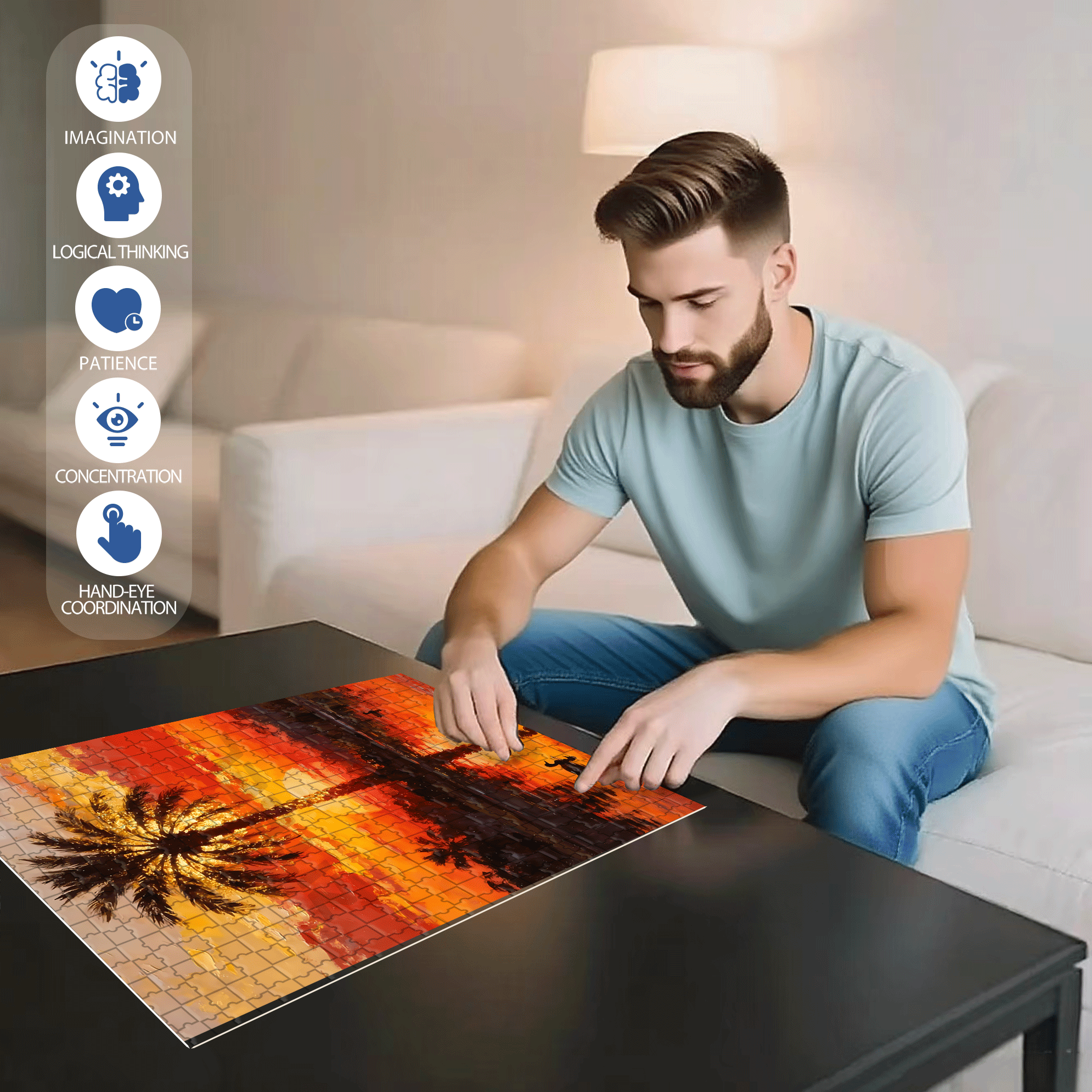 Palm Trees In The Setting Sun 500pcs/1000pcs Jigsaw Puzzle, Scratch-Resistant, Interactive Family Game & Brain-Boosting DIY Decor, Perfect for Halloween, Christmas & New Year Gifts, Family Puzzle Game