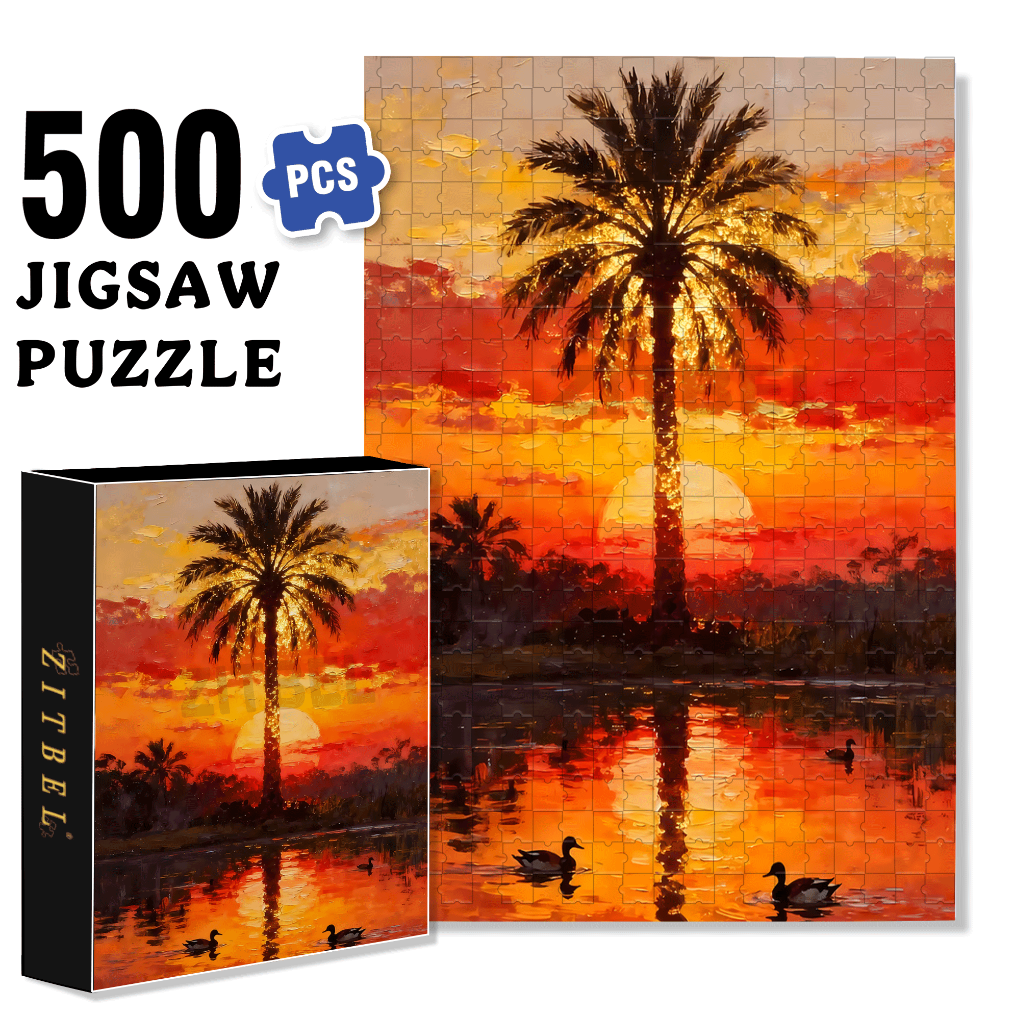Palm Trees In The Setting Sun 500pcs/1000pcs Jigsaw Puzzle, Scratch-Resistant, Interactive Family Game & Brain-Boosting DIY Decor, Perfect for Halloween, Christmas & New Year Gifts, Family Puzzle Game