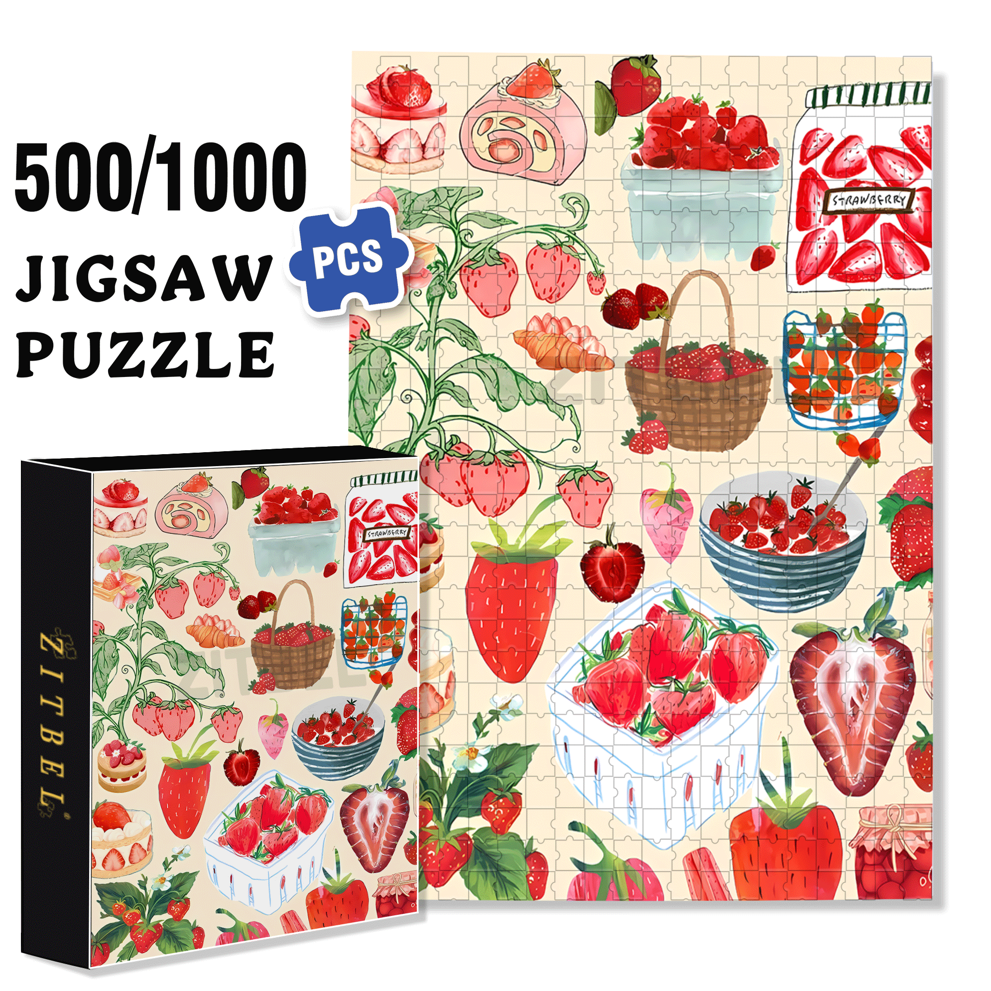 Strawberry Wallpaper Art 500pcs/1000pcs Jigsaw Puzzle, Scratch-Resistant, Interactive Family Game & Brain-Boosting DIY Decor, Perfect for Halloween, Christmas & New Year Gifts, Family Puzzle Game