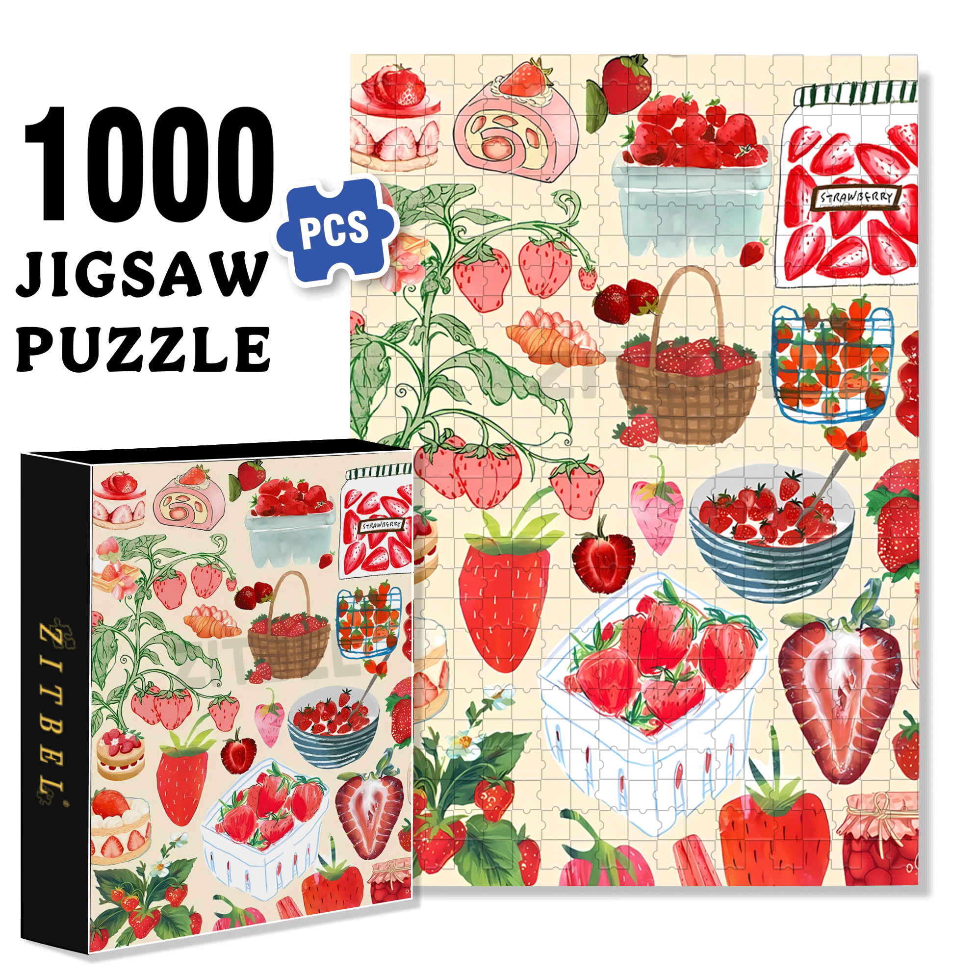 Strawberry Wallpaper Art 500pcs/1000pcs Jigsaw Puzzle, Scratch-Resistant, Interactive Family Game & Brain-Boosting DIY Decor, Perfect for Halloween, Christmas & New Year Gifts, Family Puzzle Game