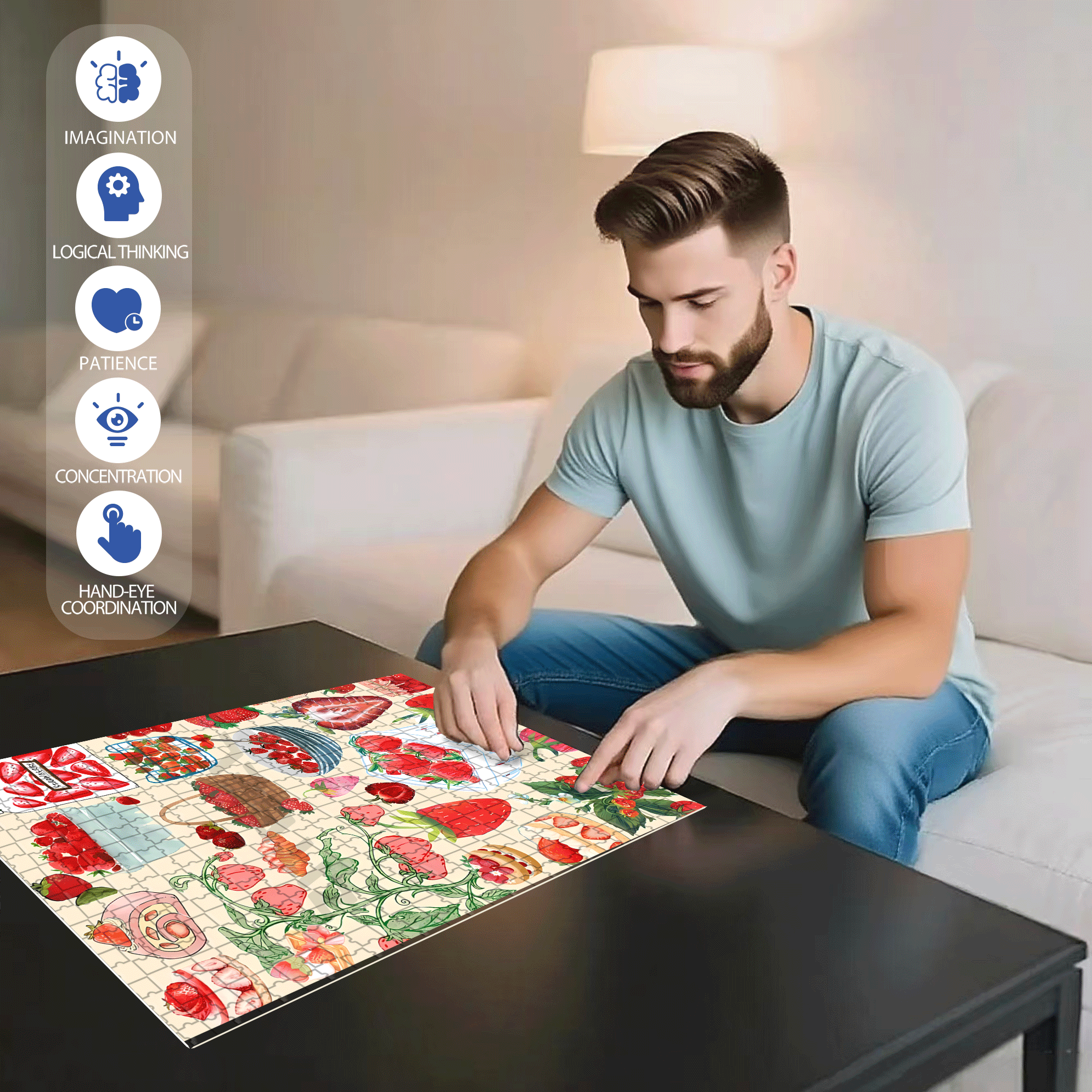 Strawberry Wallpaper Art 500pcs/1000pcs Jigsaw Puzzle, Scratch-Resistant, Interactive Family Game & Brain-Boosting DIY Decor, Perfect for Halloween, Christmas & New Year Gifts, Family Puzzle Game