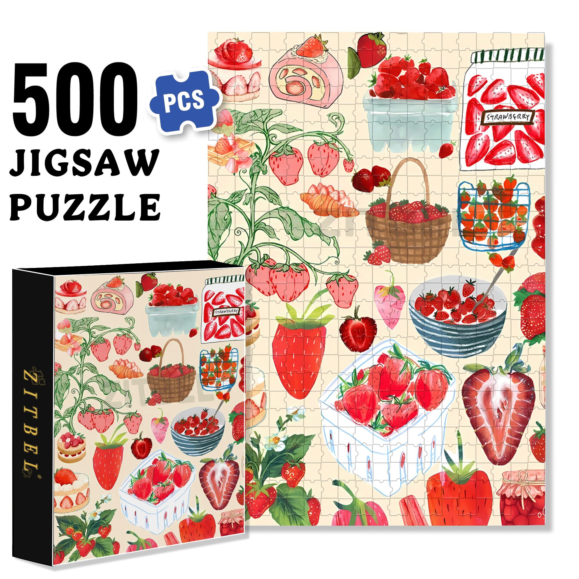 Strawberry Wallpaper Art 500pcs/1000pcs Jigsaw Puzzle, Scratch-Resistant, Interactive Family Game & Brain-Boosting DIY Decor, Perfect for Halloween, Christmas & New Year Gifts, Family Puzzle Game