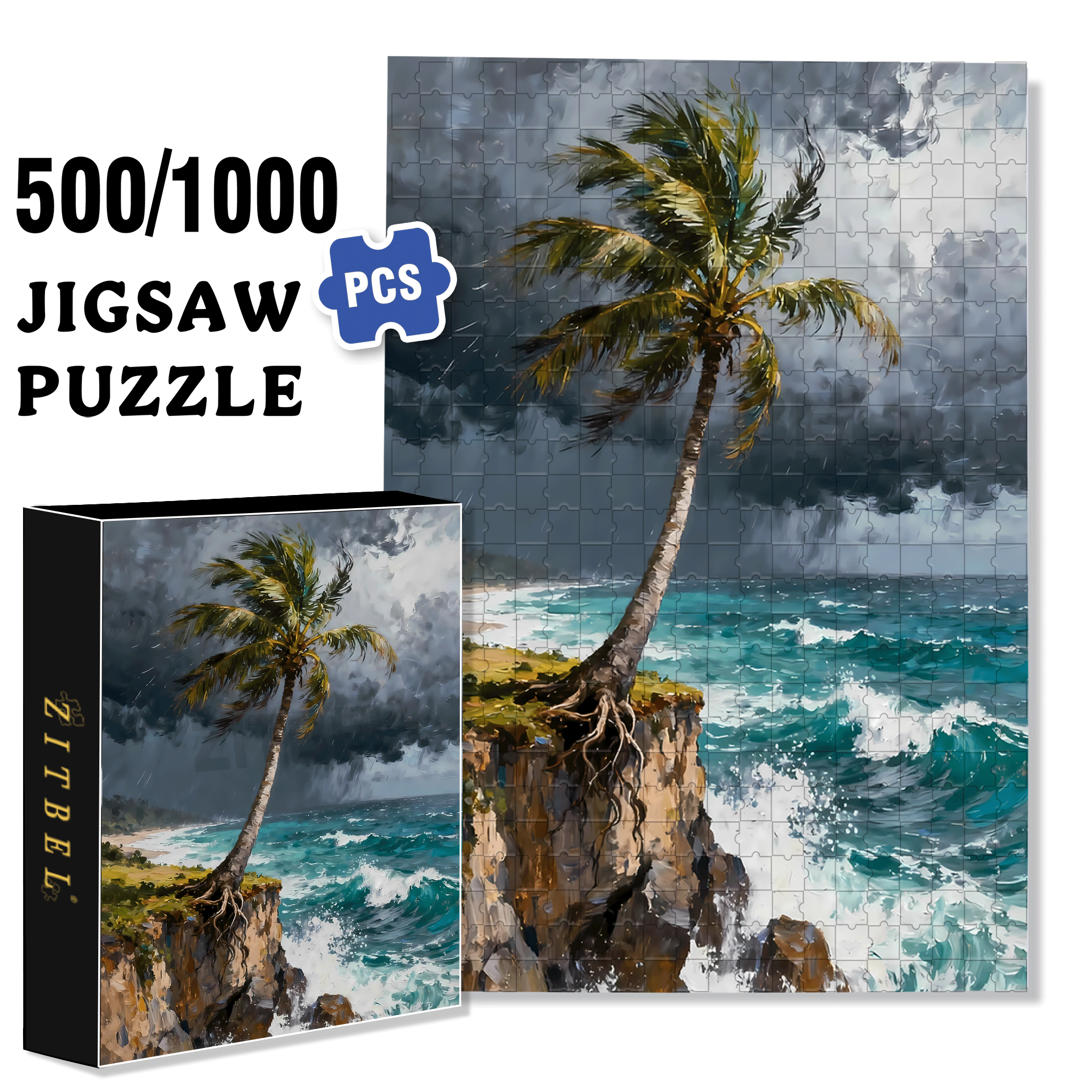 The Palm Tree On The Cliff 500pcs/1000pcs Jigsaw Puzzle, Scratch-Resistant, Interactive Family Game & Brain-Boosting DIY Decor, Perfect for Halloween, Christmas & New Year Gifts, Family Puzzle Game