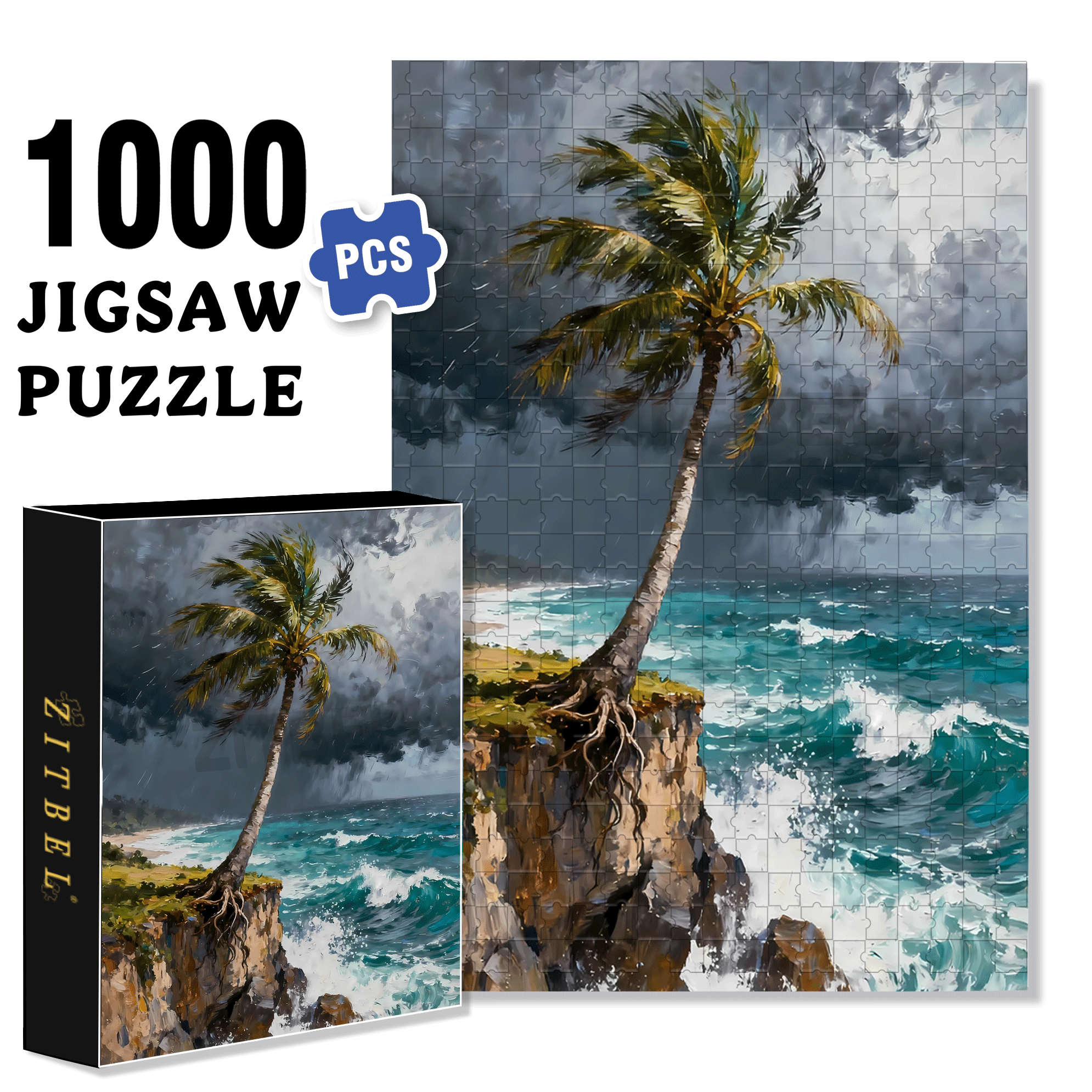 The Palm Tree On The Cliff 500pcs/1000pcs Jigsaw Puzzle, Scratch-Resistant, Interactive Family Game & Brain-Boosting DIY Decor, Perfect for Halloween, Christmas & New Year Gifts, Family Puzzle Game