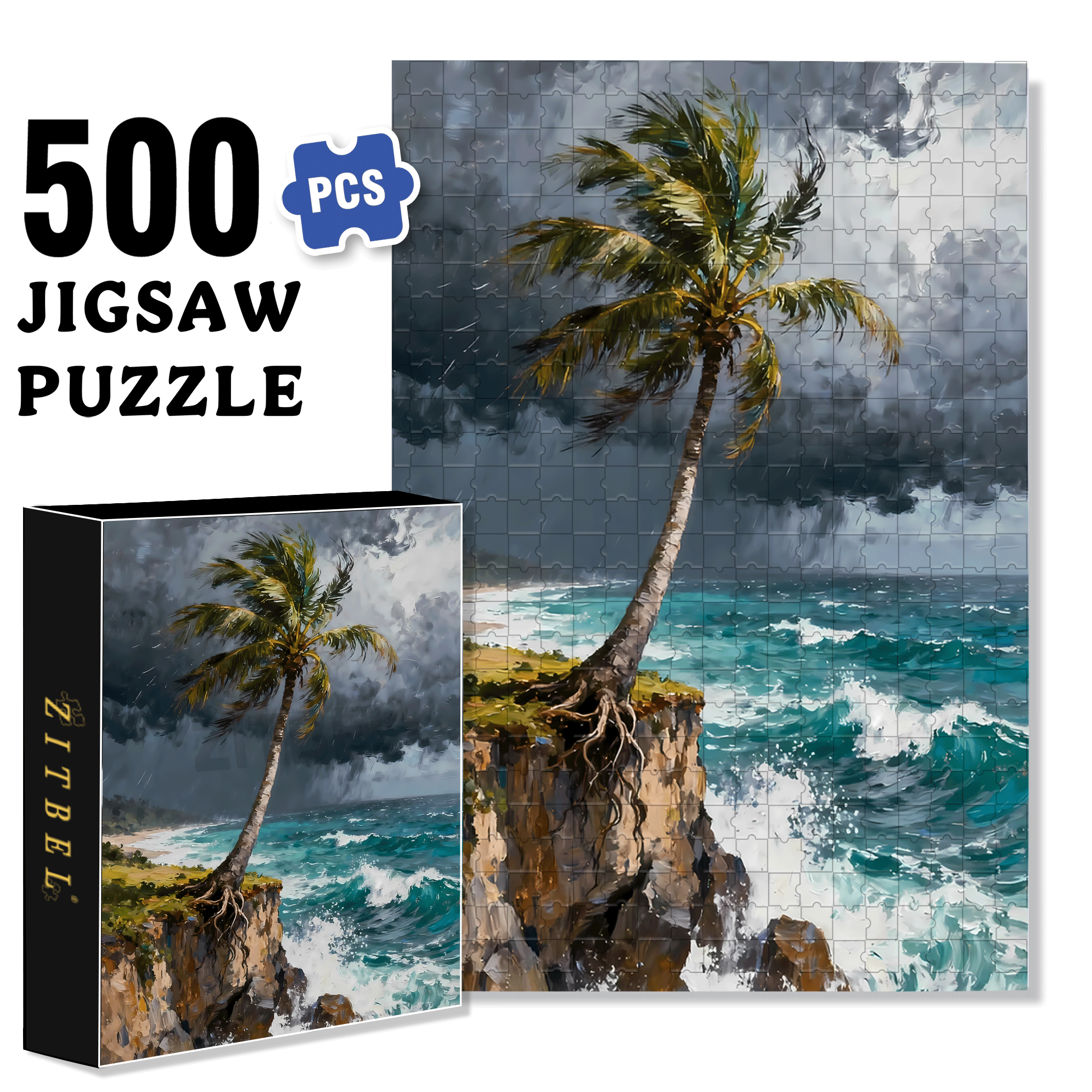 The Palm Tree On The Cliff 500pcs/1000pcs Jigsaw Puzzle, Scratch-Resistant, Interactive Family Game & Brain-Boosting DIY Decor, Perfect for Halloween, Christmas & New Year Gifts, Family Puzzle Game