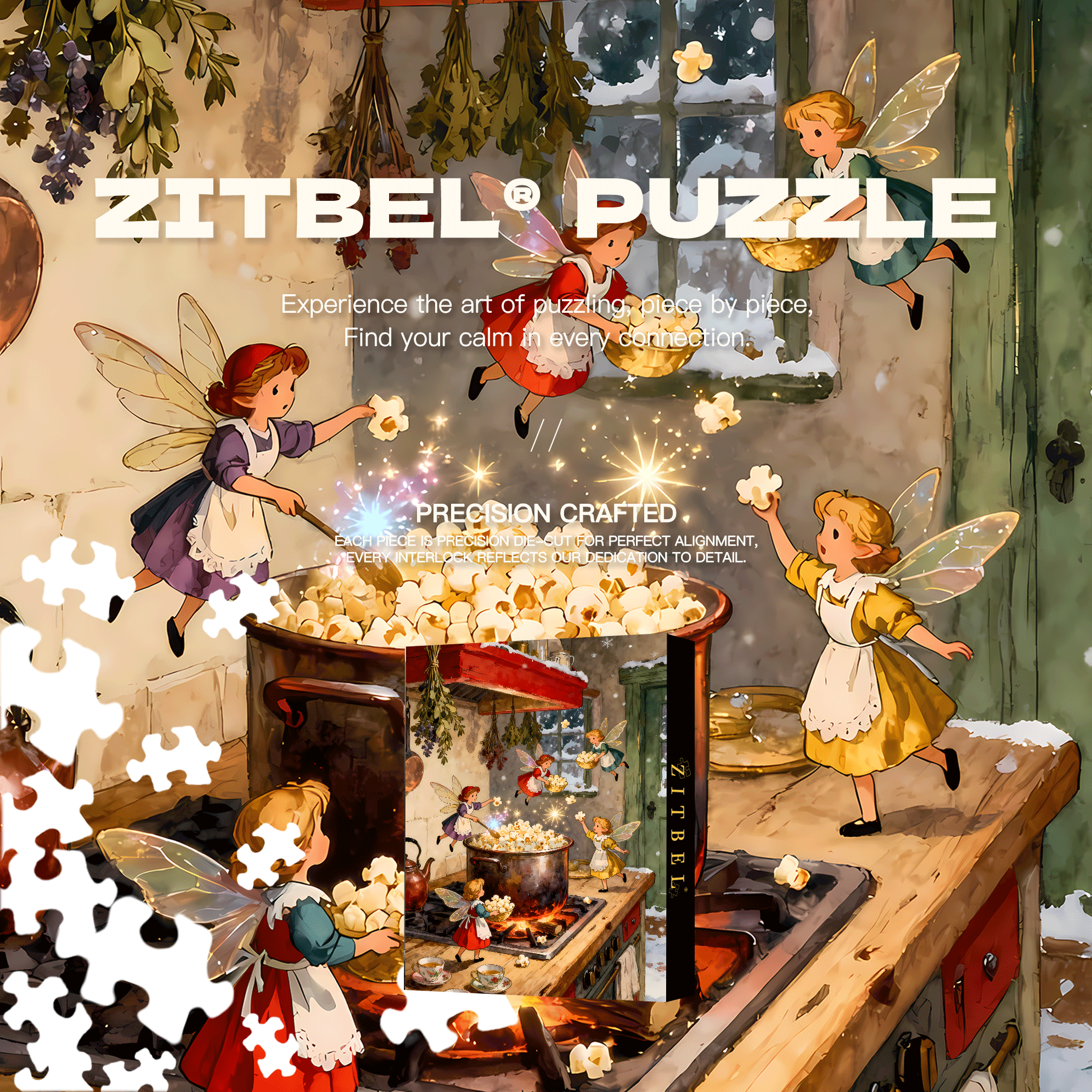 Fairies Making Popcorn in a Cozy Winter Kitchen 500pcs/1000pcs Jigsaw Puzzle, Scratch-Resistant, Interactive Family Game & Brain-Boosting DIY Decor, Perfect for Halloween, Christmas & New Year Gifts, Family Puzzle Game